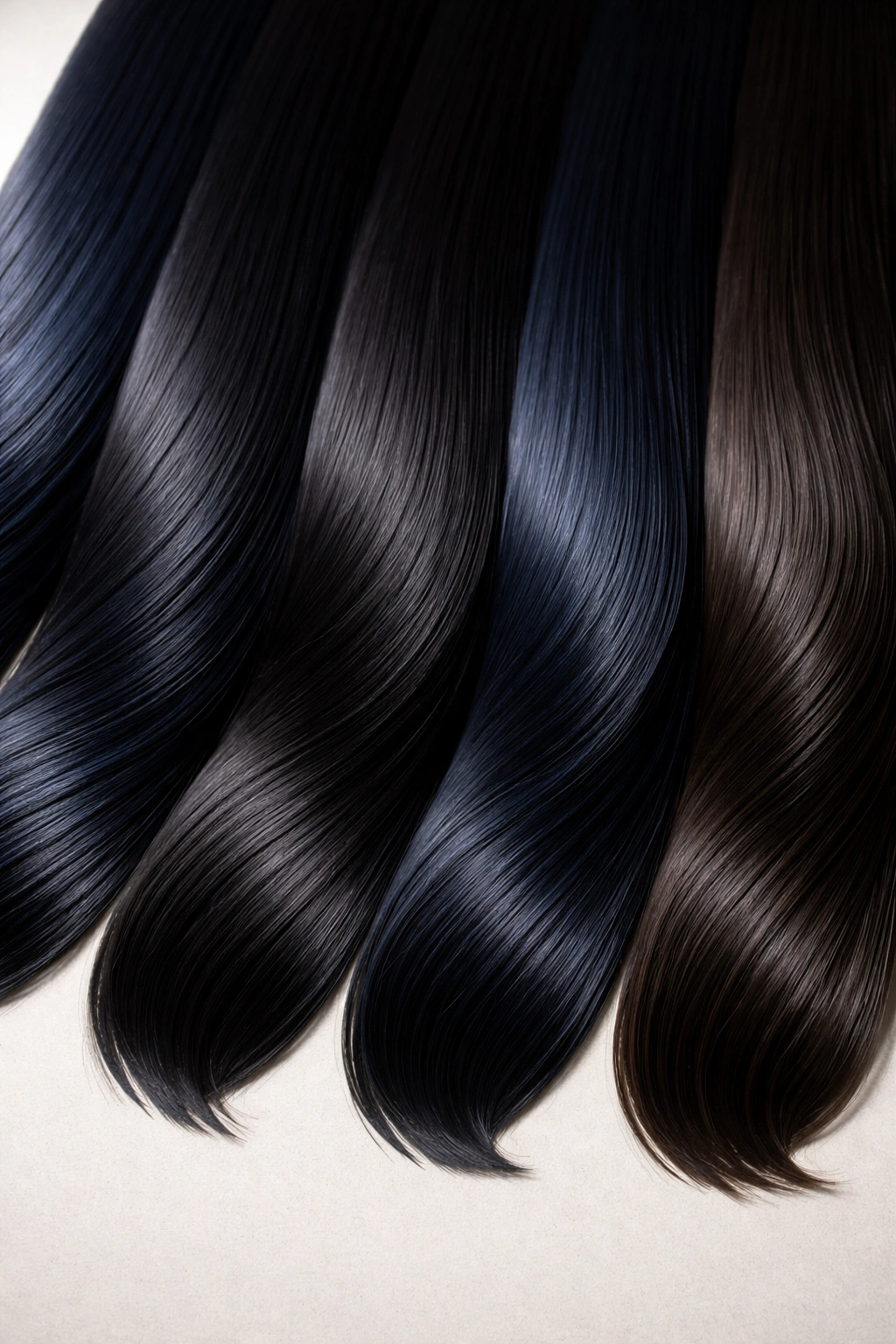 Row of hair strands in various black shades on neutral background