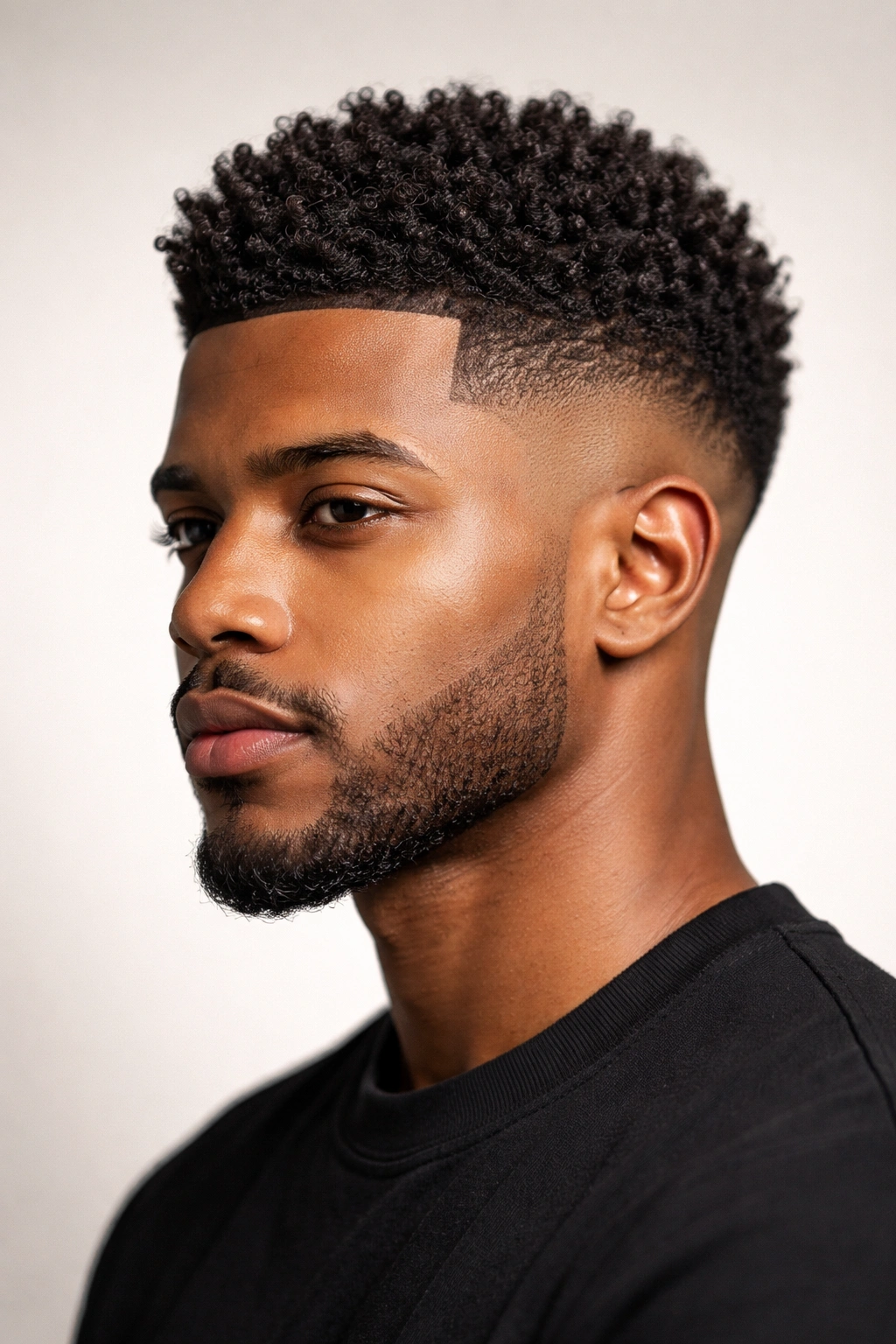 Close-up portrait of a Black man with a sculpted fade and crisp line-up