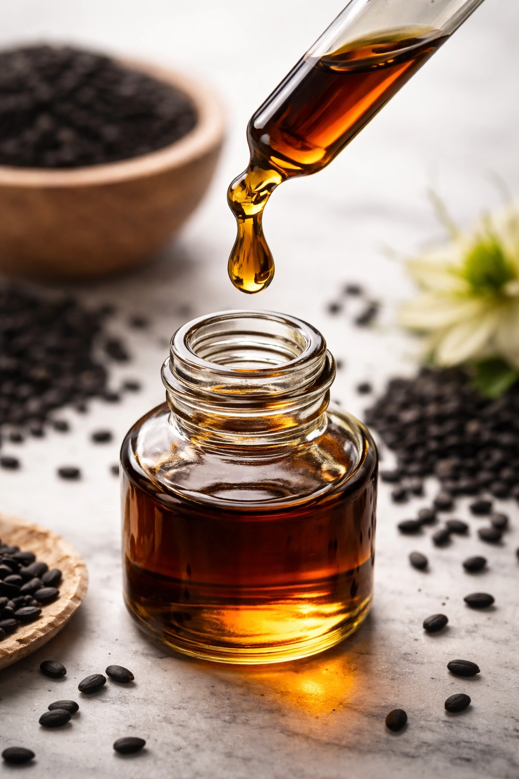 Drop of black seed oil about to be applied