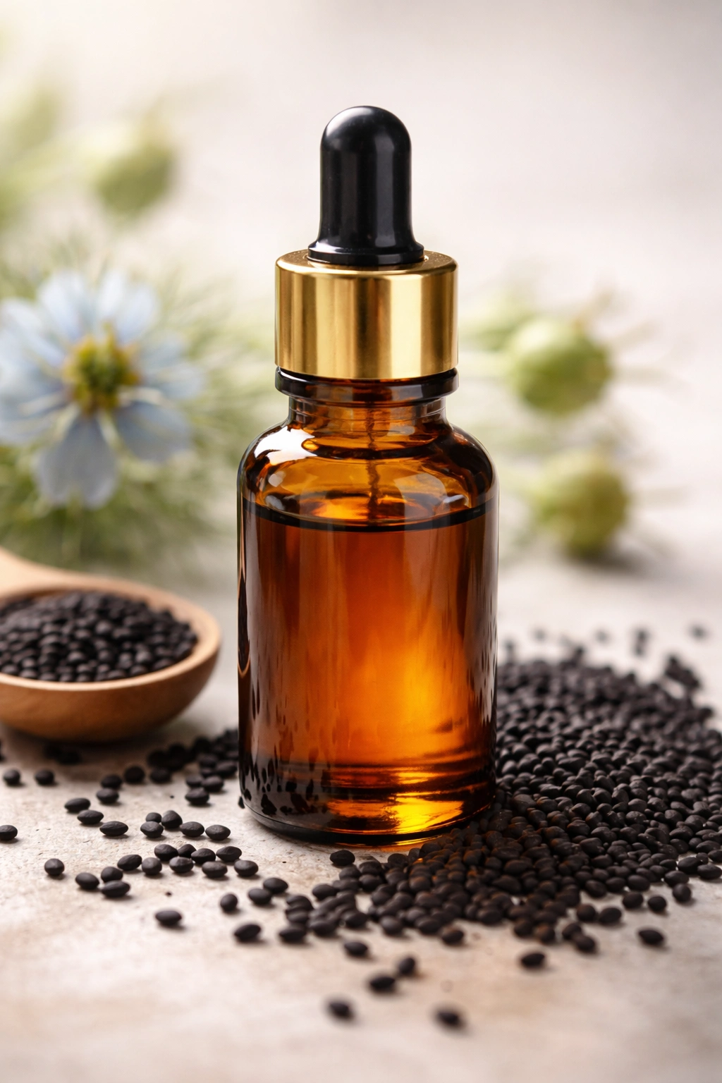 Close-up of a dark amber bottle of black seed oil on a neutral surface
