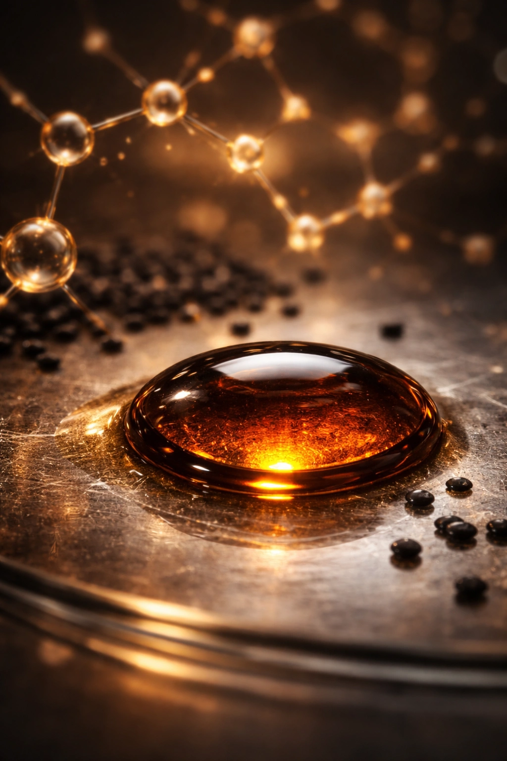 Macro drop of black seed oil with a subtle molecular background