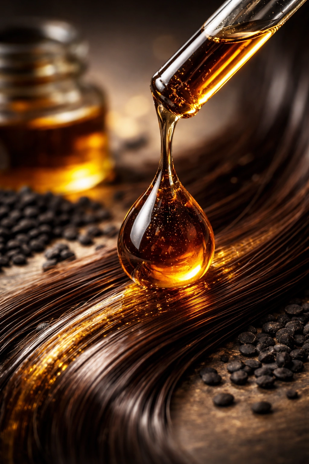 Viscous black seed oil droplet on a reflective surface