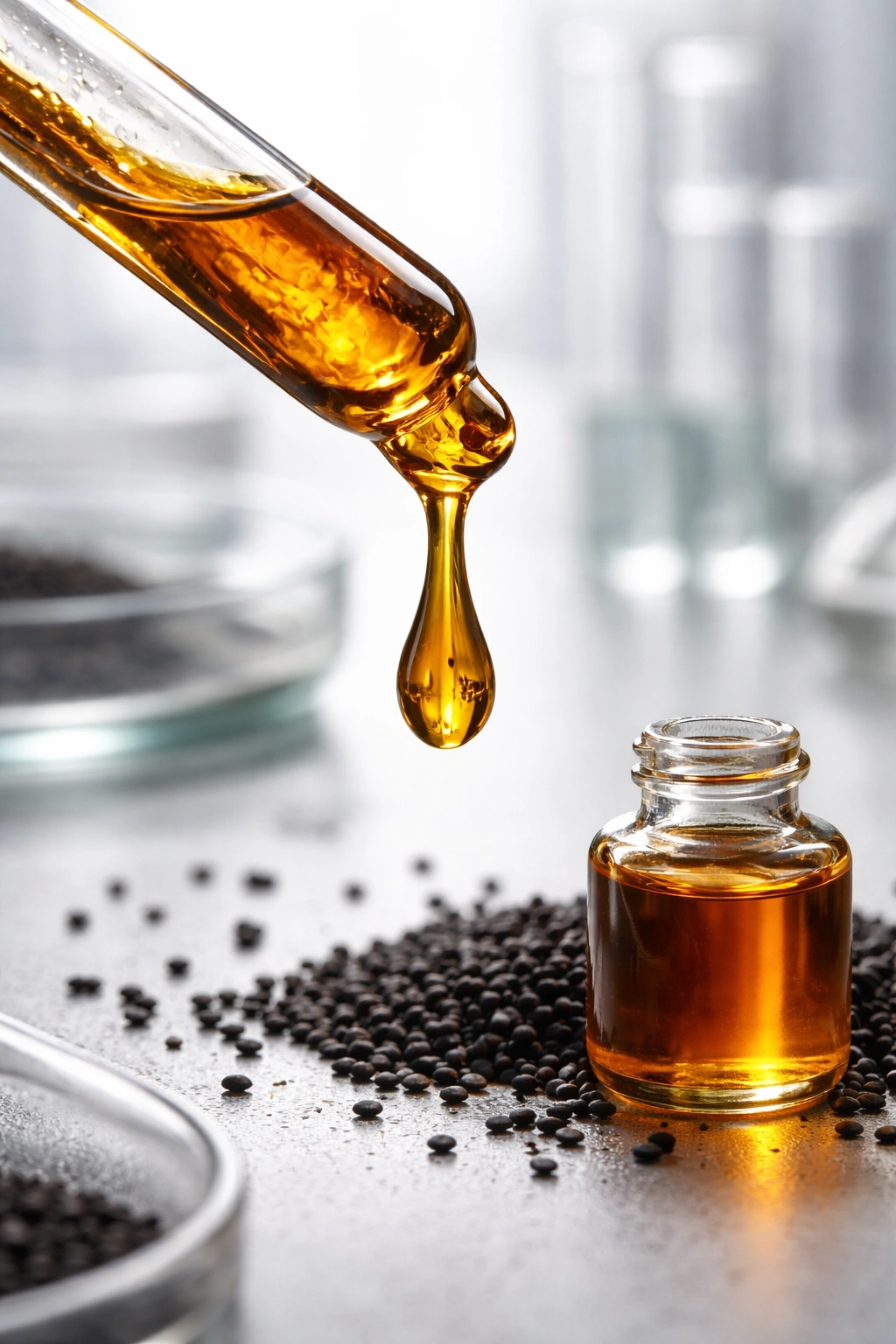 Macro image of black seed oil drop with clinical backdrop