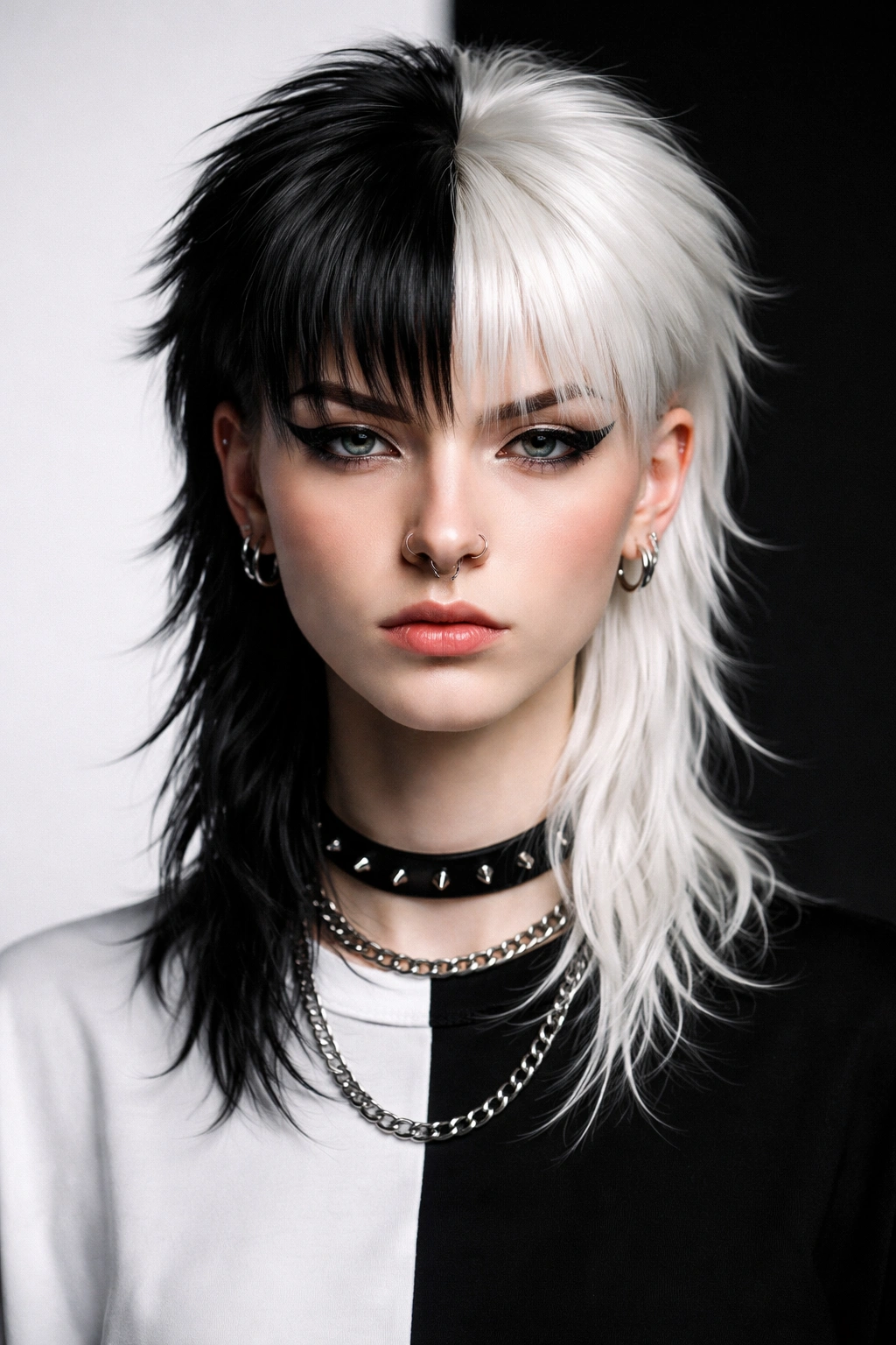12 Dyed Mullet Haircuts Full Of Personality 7 Close-up of a black and white two-tone mullet with stark color split