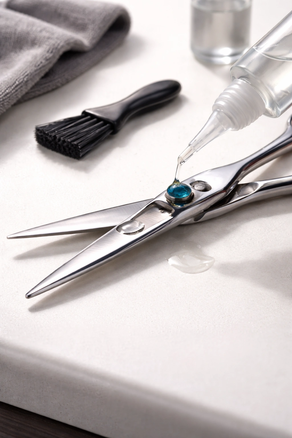 Hair scissors being oiled on a clean surface with a brush nearby