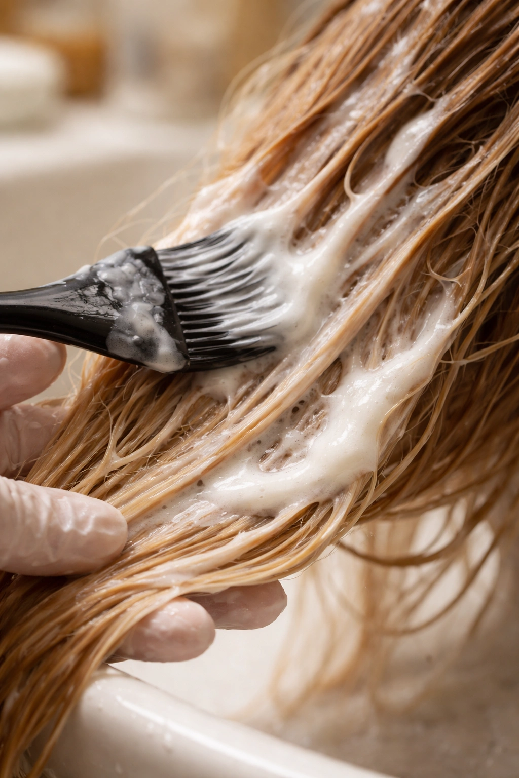 Damp hair strand with conditioner applied after bleach bath in a bathroom setting.