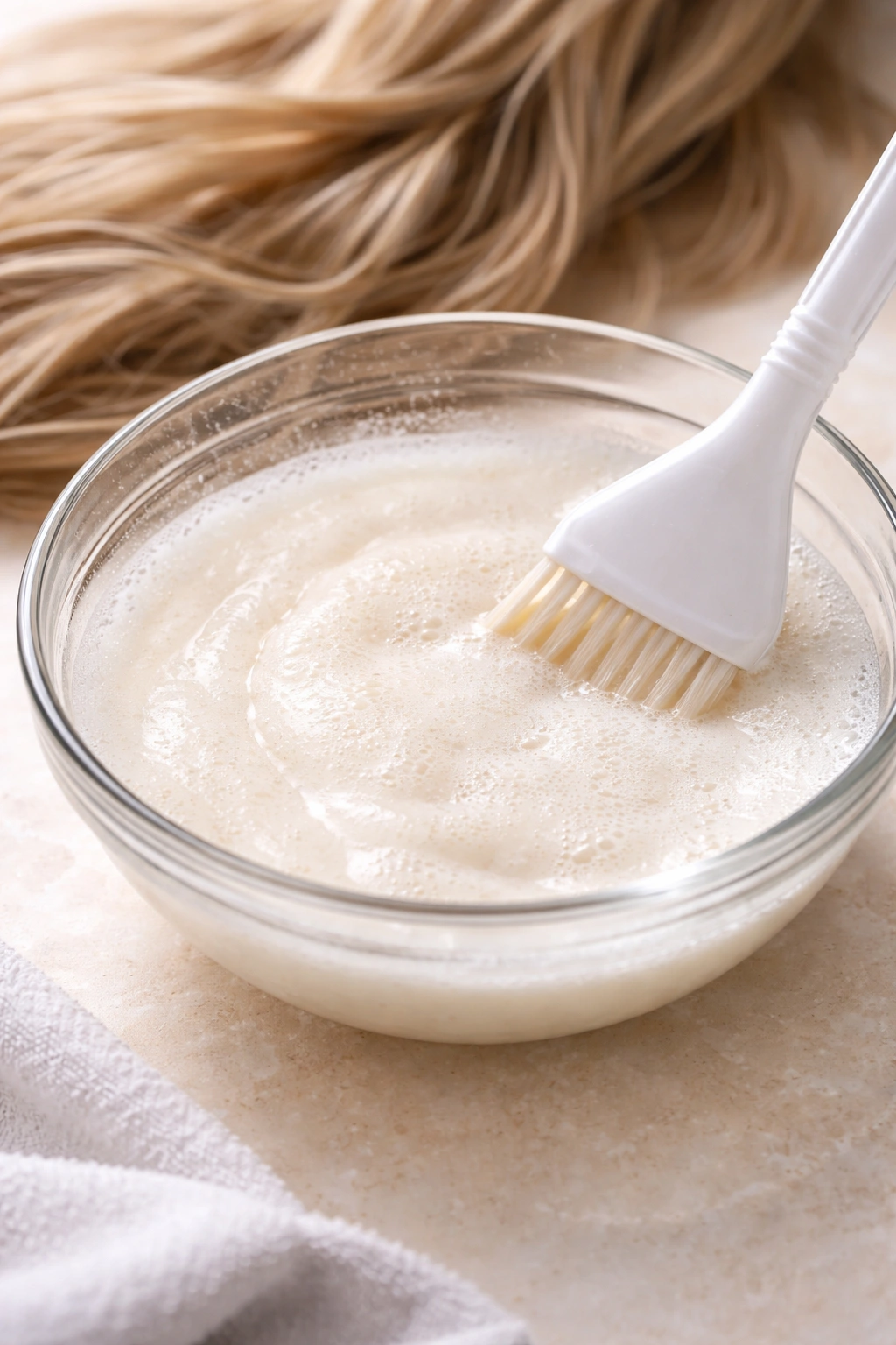 Close-up of diluted bleach bath in a glass bowl with damp hair.
