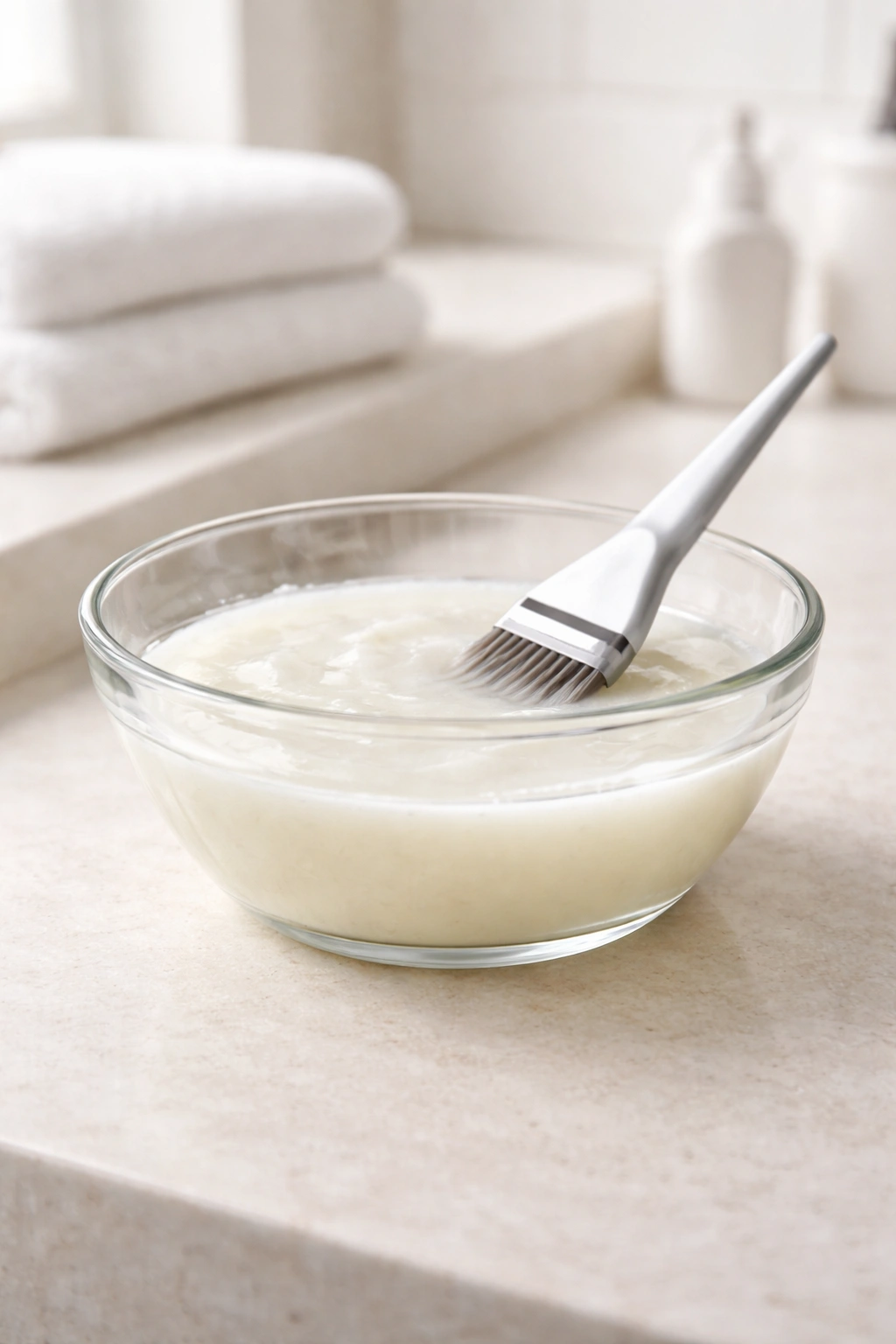 A glass bowl with pale diluted bleach bath on a neutral bathroom counter
