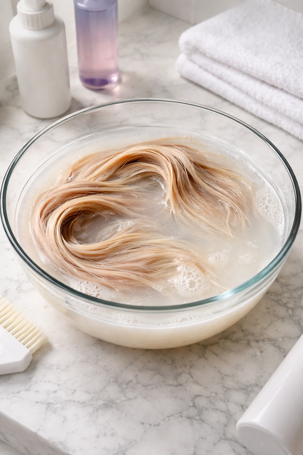 Hair immersed in a diluted bleach bath in a glass bowl