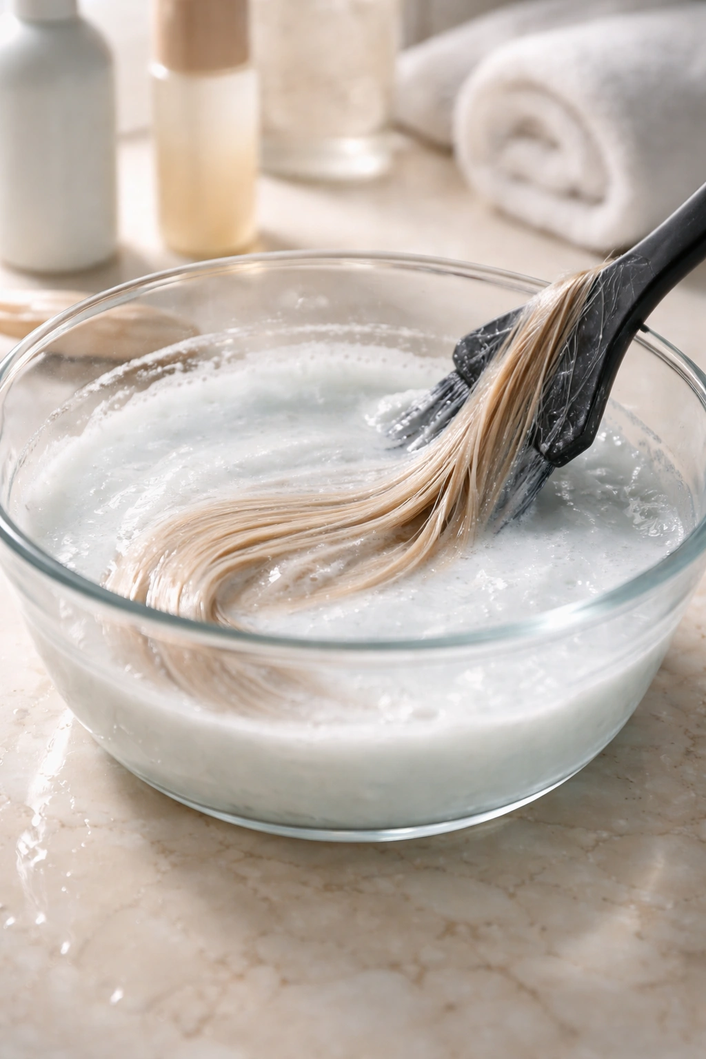 Close-up of a glass bowl with diluted bleach mixture and a damp hair strand.