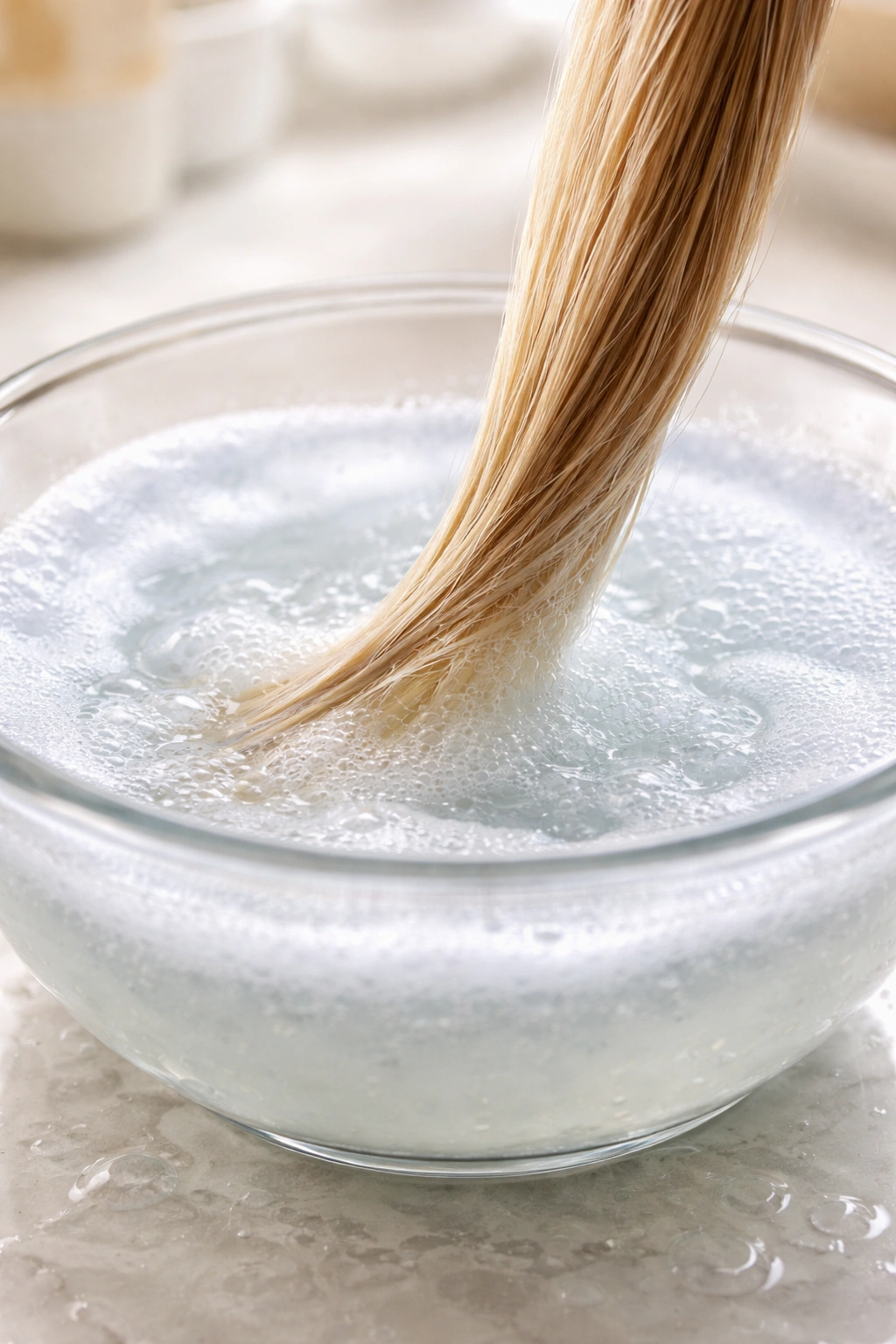 Damp hair strand entering a diluted bleach bath in a glass bowl.