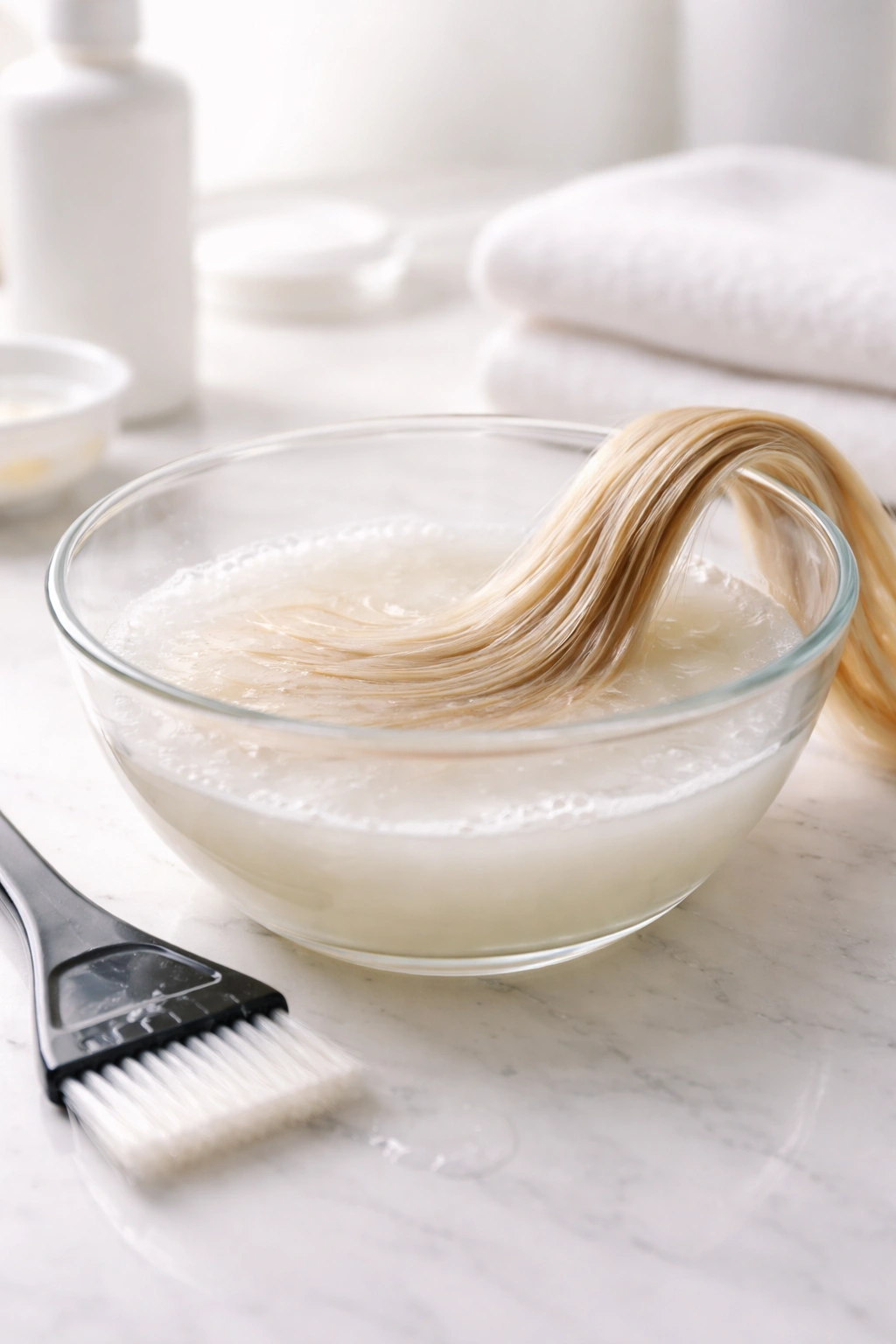 Minimalist glass bowl with diluted bleach bath and damp hair strand.