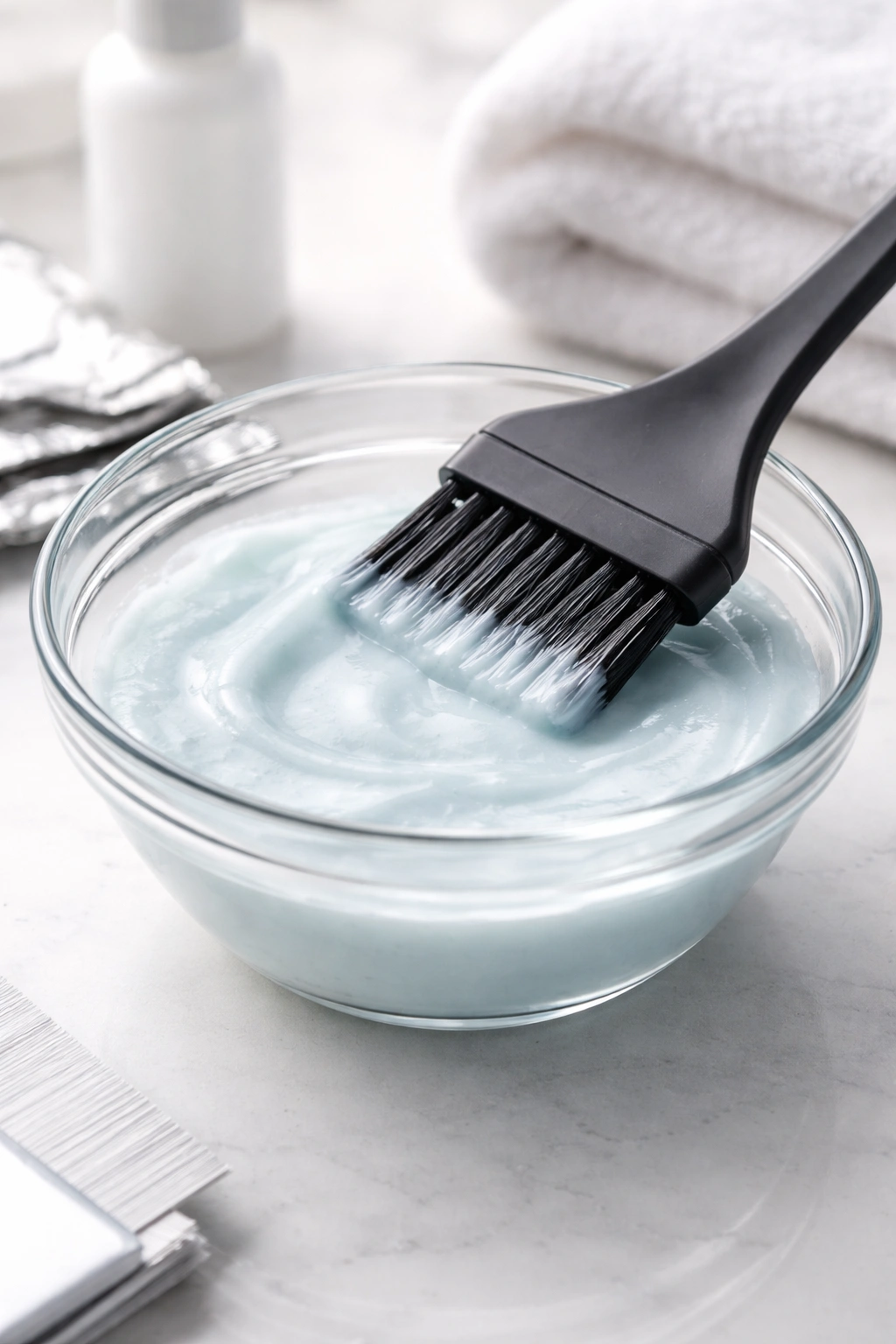 Glass bowl with bleach solution and dye brush on a neutral surface