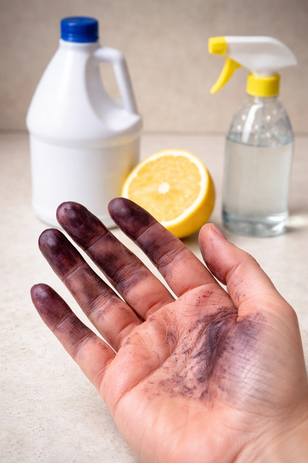 Close-up of stained skin with out-of-focus containers hinting at harsh removers