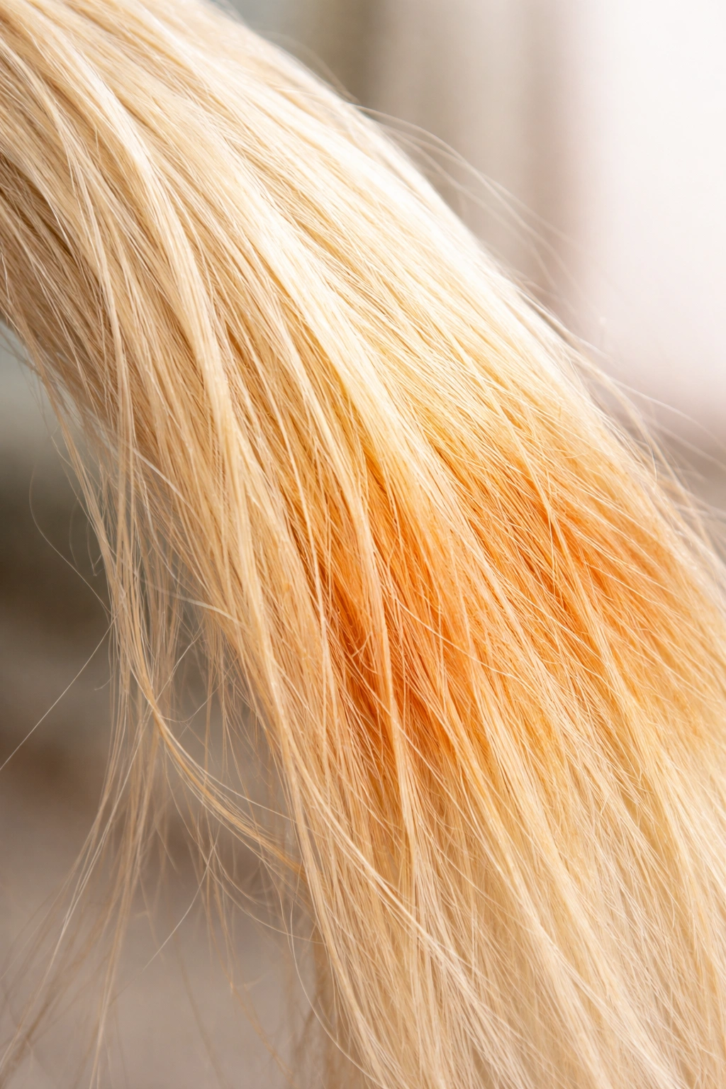 Close-up of unevenly bleached hair showing orange brassiness due to a common mistake.