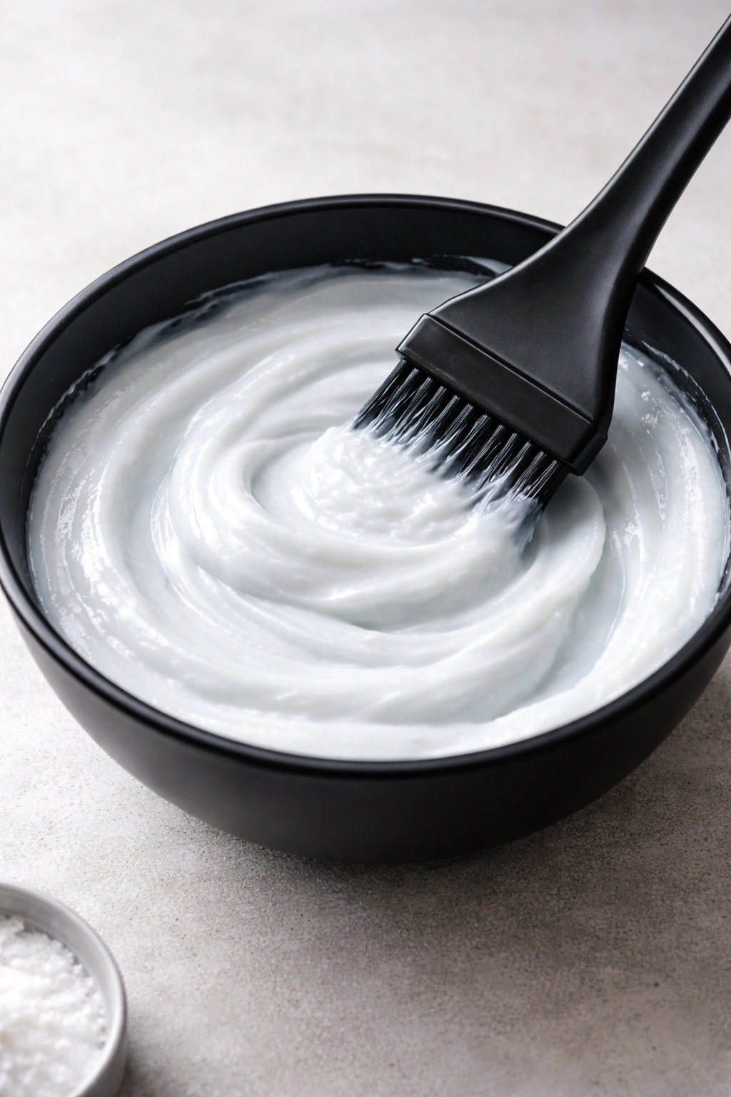 Bleach mixture in non-metallic bowl with tint brush ready for application