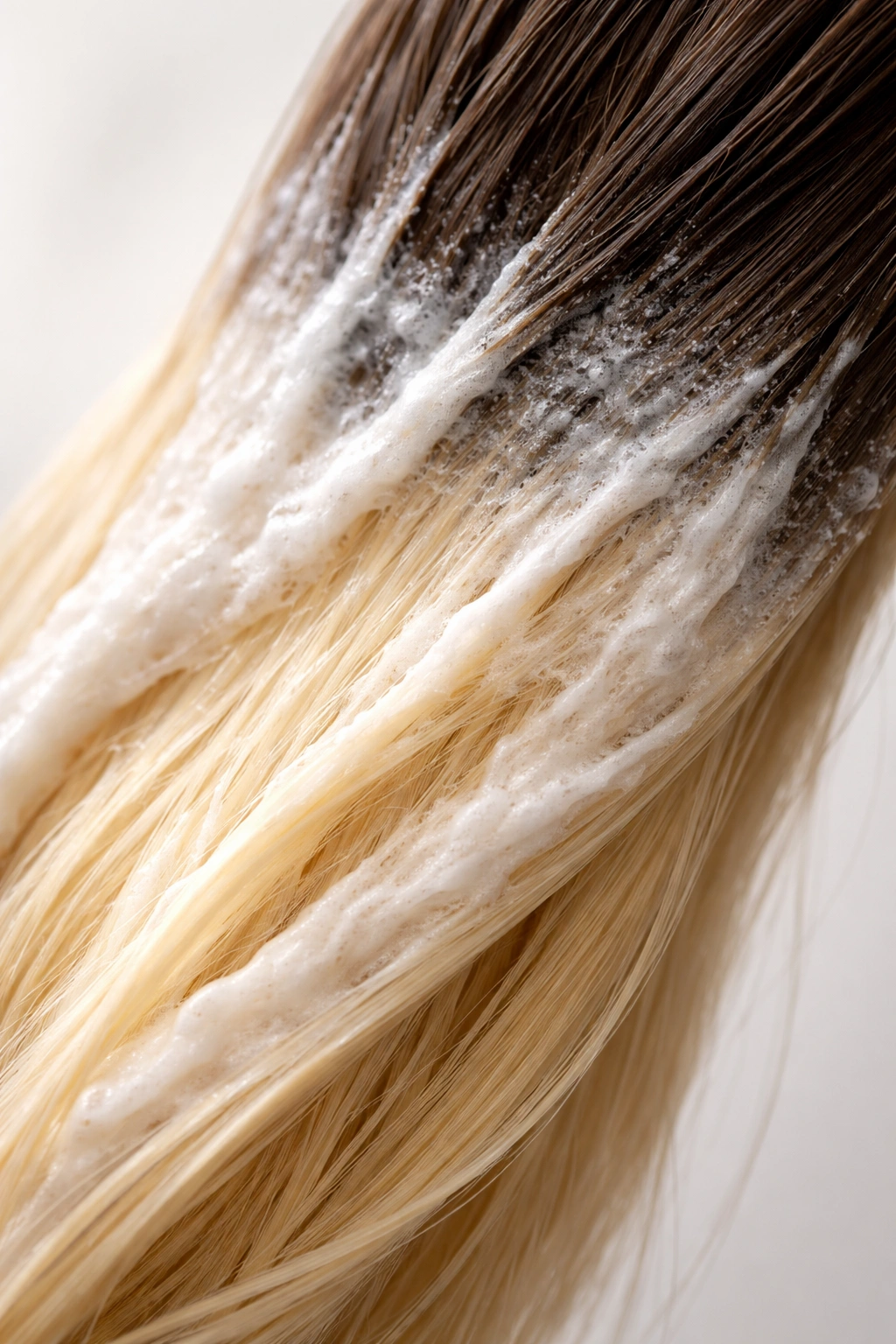 Bleached hair strand with root lift and lightened mid-length