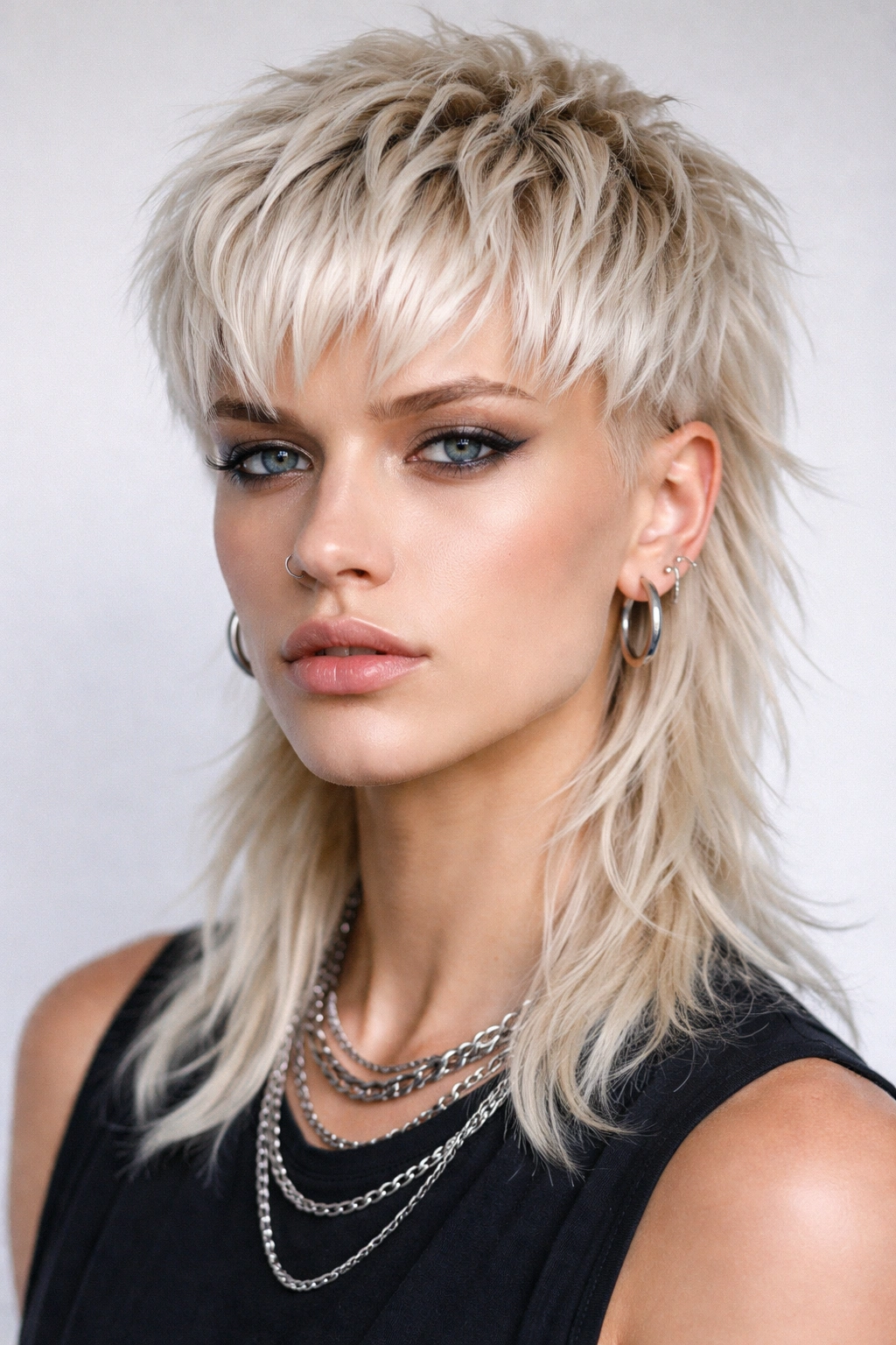 Close-up portrait of a person with a dramatic bleached blonde mullet in platinum tones