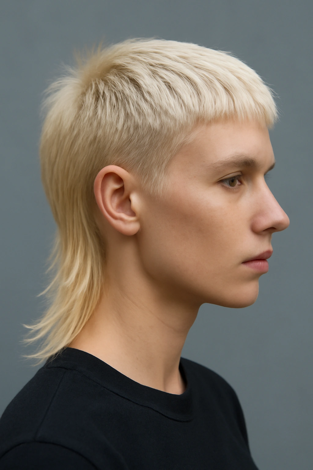 10 Short Mullet Cuts That Instantly Stand Out 2 Close-up of The Bleached Blonde Modern Mullet in platinum blonde with sharp back length