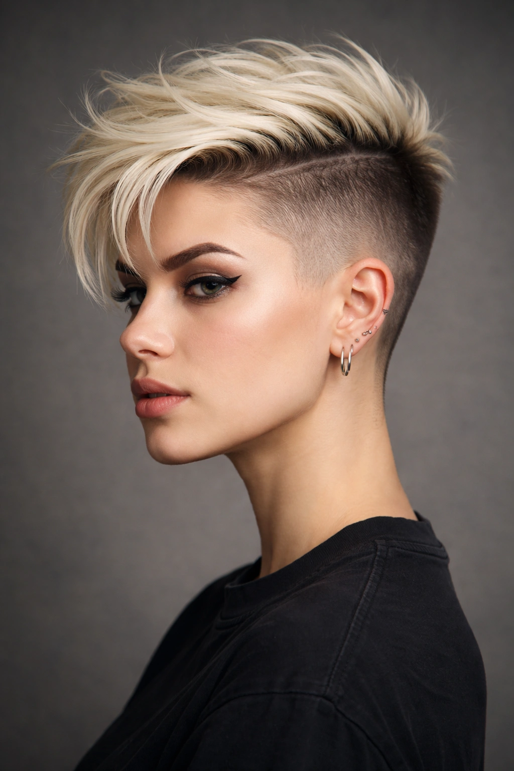 Bleached blonde undercut with platinum top and dark roots