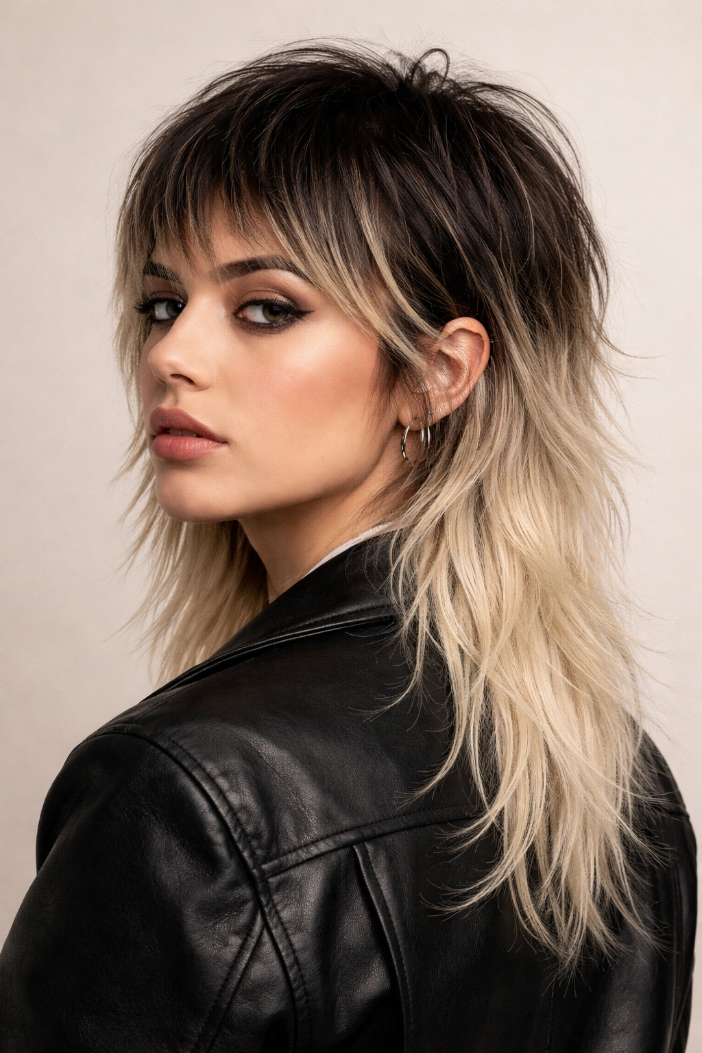 Mullet with dark roots fading to pale blonde ends on front and back.