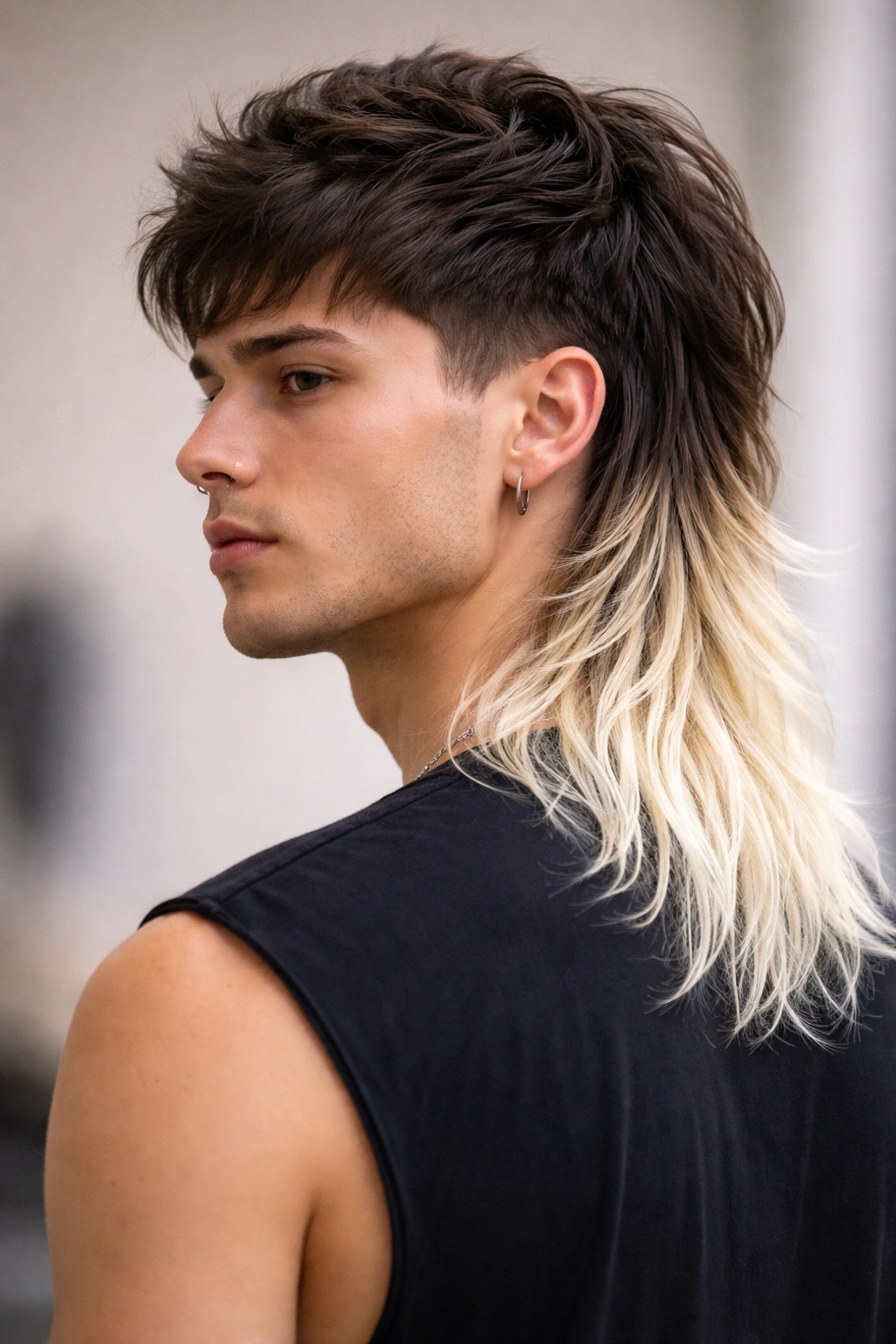 Portrait highlighting bleached ends on a long mullet with dark roots and pale tips