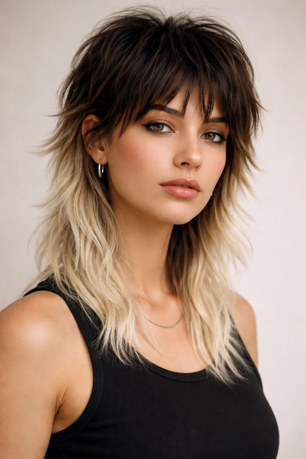 Mullet with bleached ends showing lightened tips and dark roots.