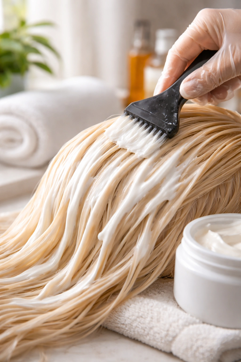 Close-up of bleached hair being treated with a deep conditioner for aftercare, hair looks hydrated.