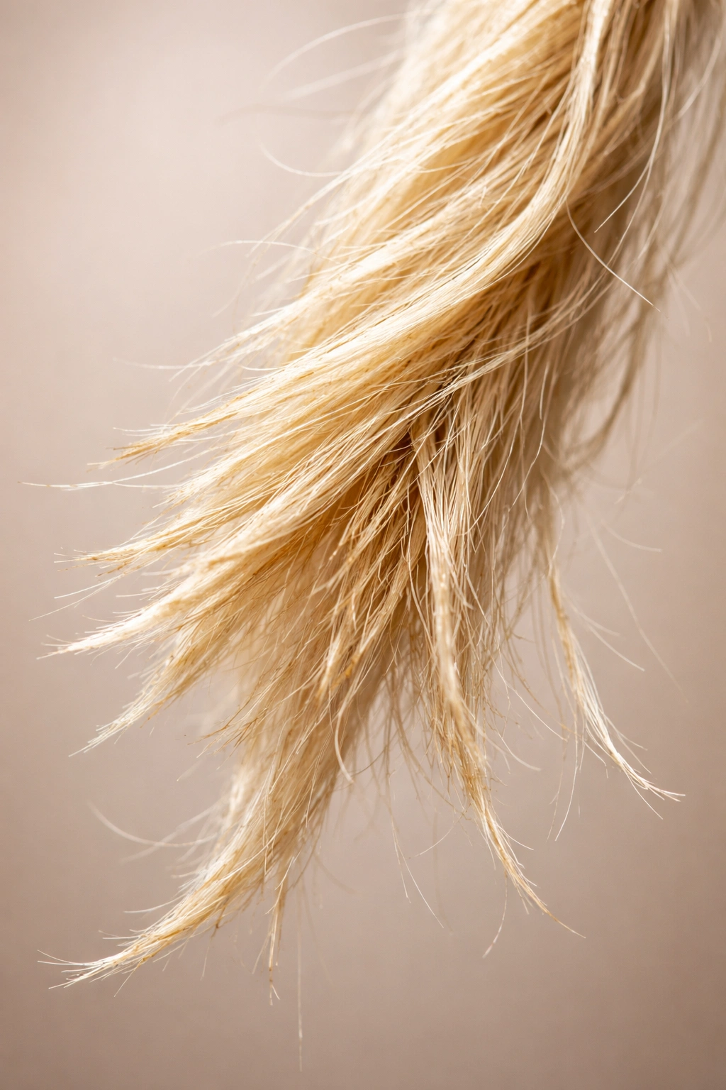 Bleached hair strand with split ends and rough texture indicating damage