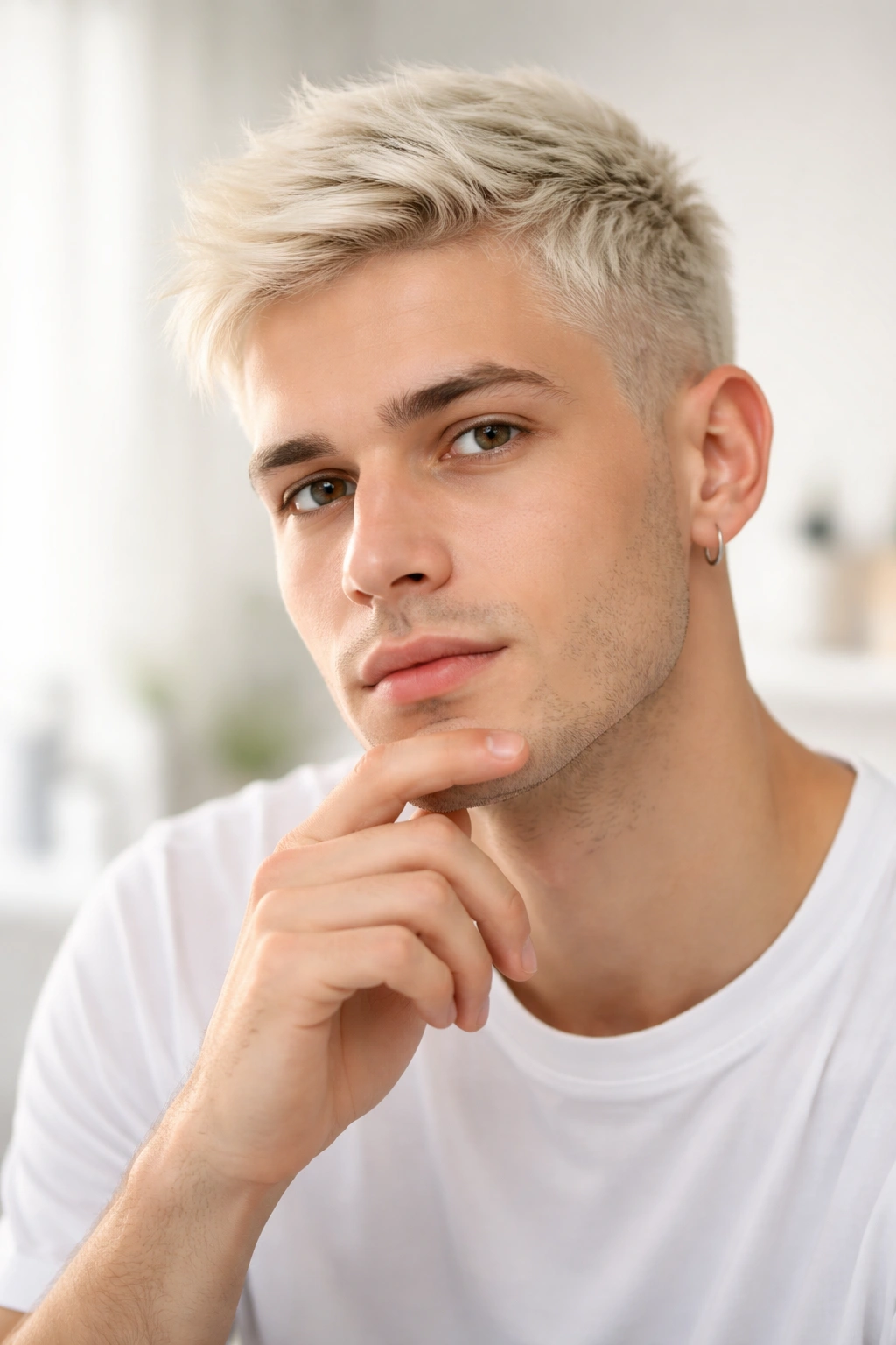 Thoughtful portrait of a bleached-haired person reflecting on DIY bleaching.