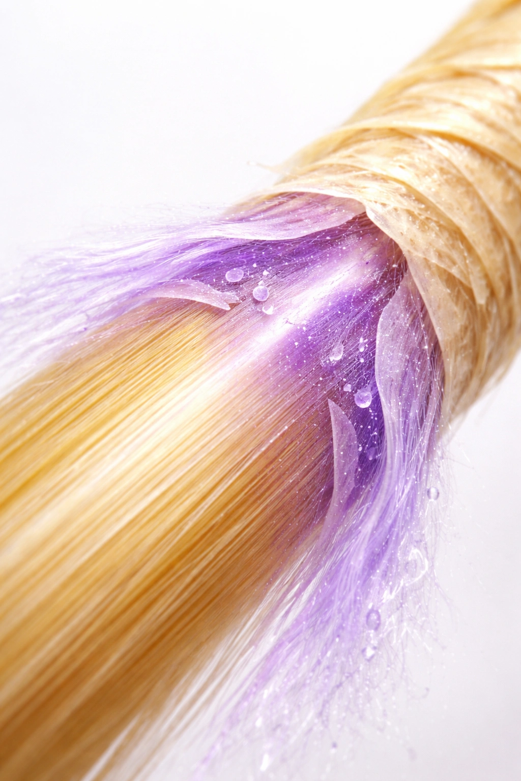 Close-up of freshly bleached hair showing purple sheen indicating toner application