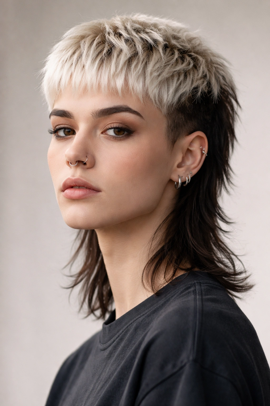 Portrait of person with platinum top and dark back two-tone mullet.