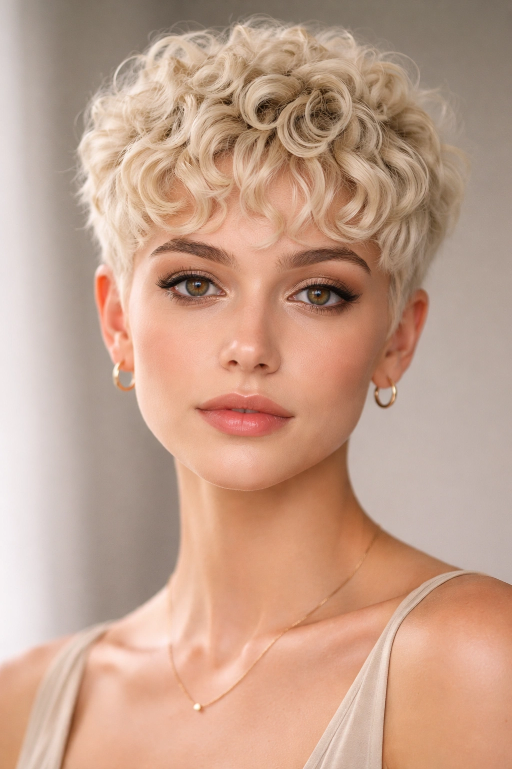 Short bleached pixie with defined curls and soft curly bangs