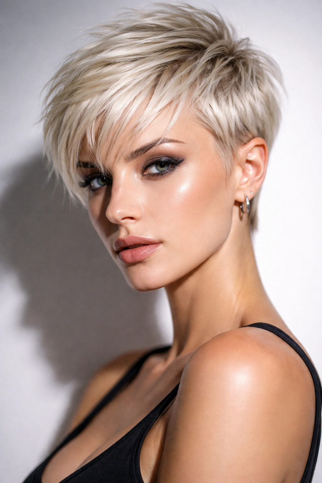 10 Edgy Pixie Haircuts For The Confident Woman 4 Bleached platinum pixie haircut under cool lighting