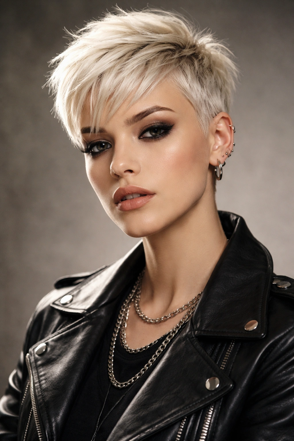 Close-up portrait of a person with a platinum bleached pixie cut.