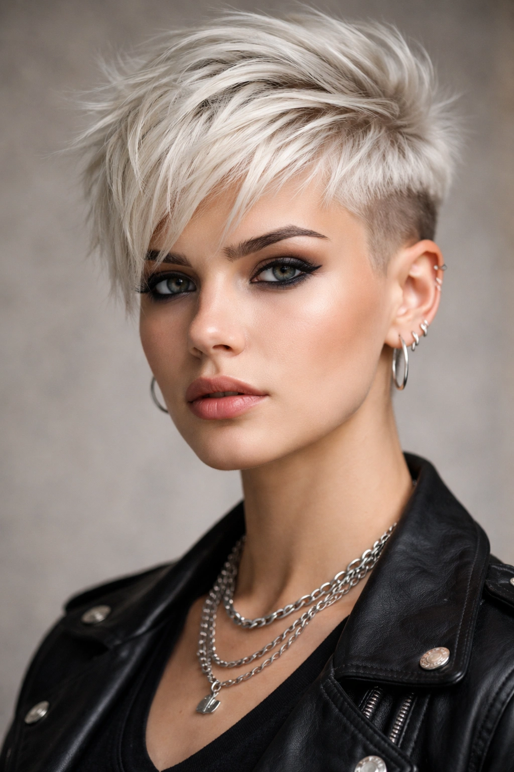 10 Rockstar Inspired Short Cuts For Edgy Women 6 Close-up portrait of a bleached pixie with an undercut and platinum hair.