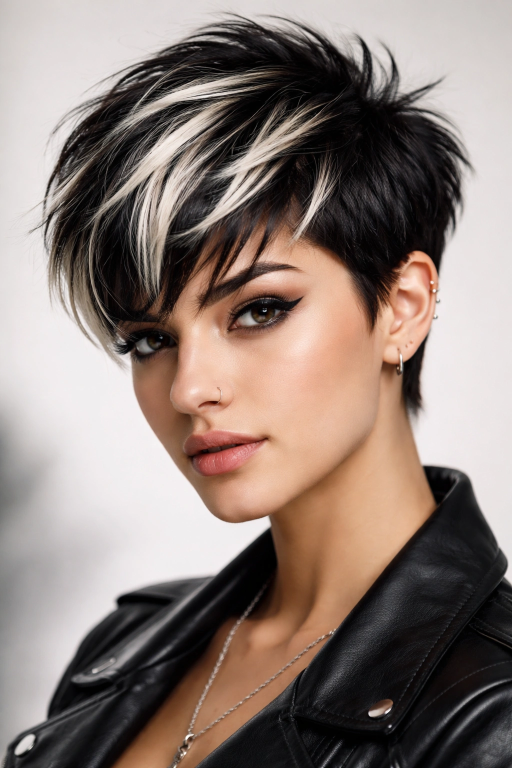 Close-up of a short pixie with platinum bleached streaks in dark hair