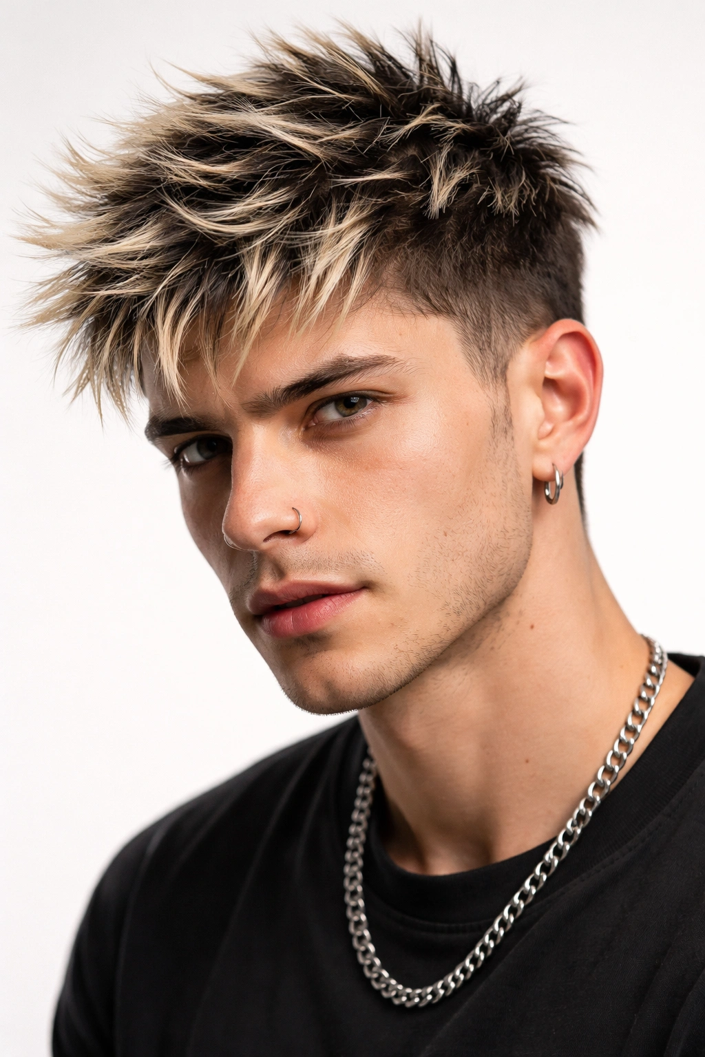 Short to medium haircut with bleached tips on the ends