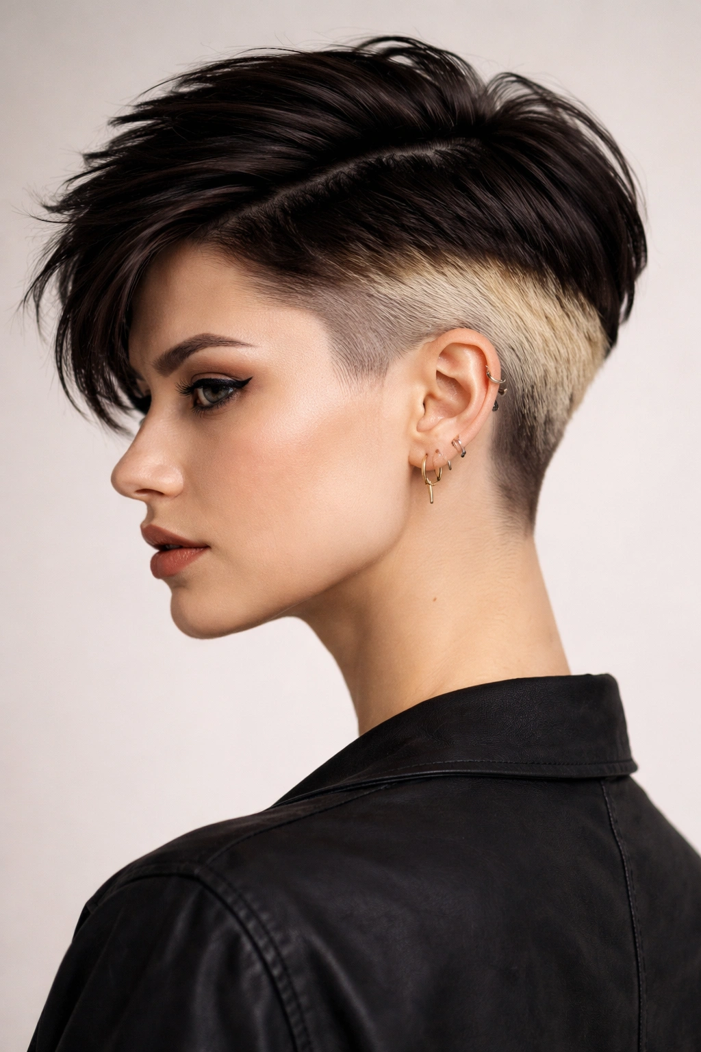 Two-tone undercut with a bleached blonde underside against a dark top in studio portrait.
