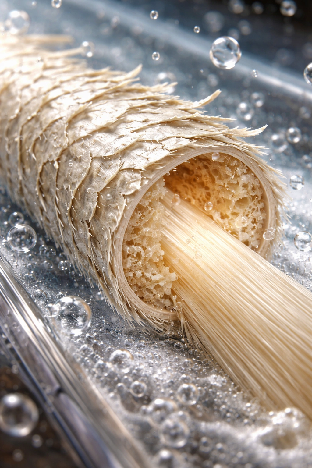 Close-up of a bleached hair strand showing lifted cuticle and pale cortex