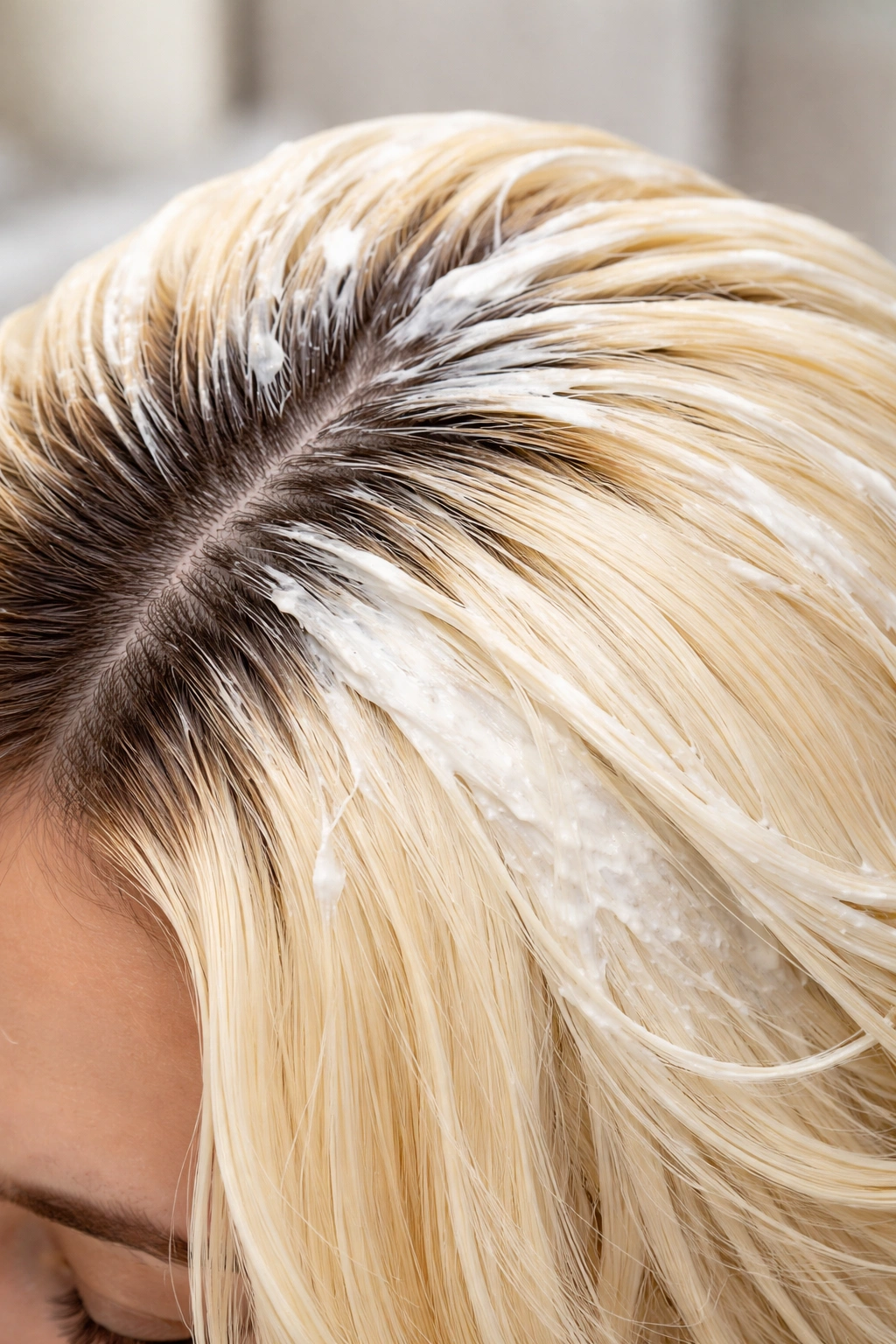 Close-up of hair with lifted blonde strands and darker roots