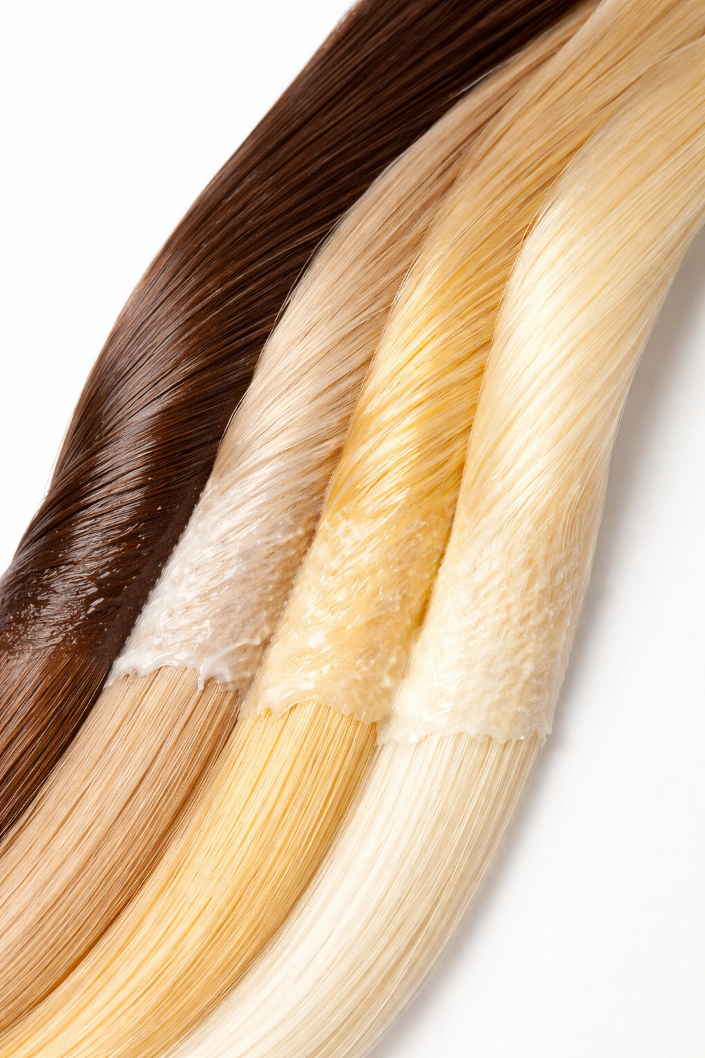 Hair section showing bleaching progression from dark to pale yellow