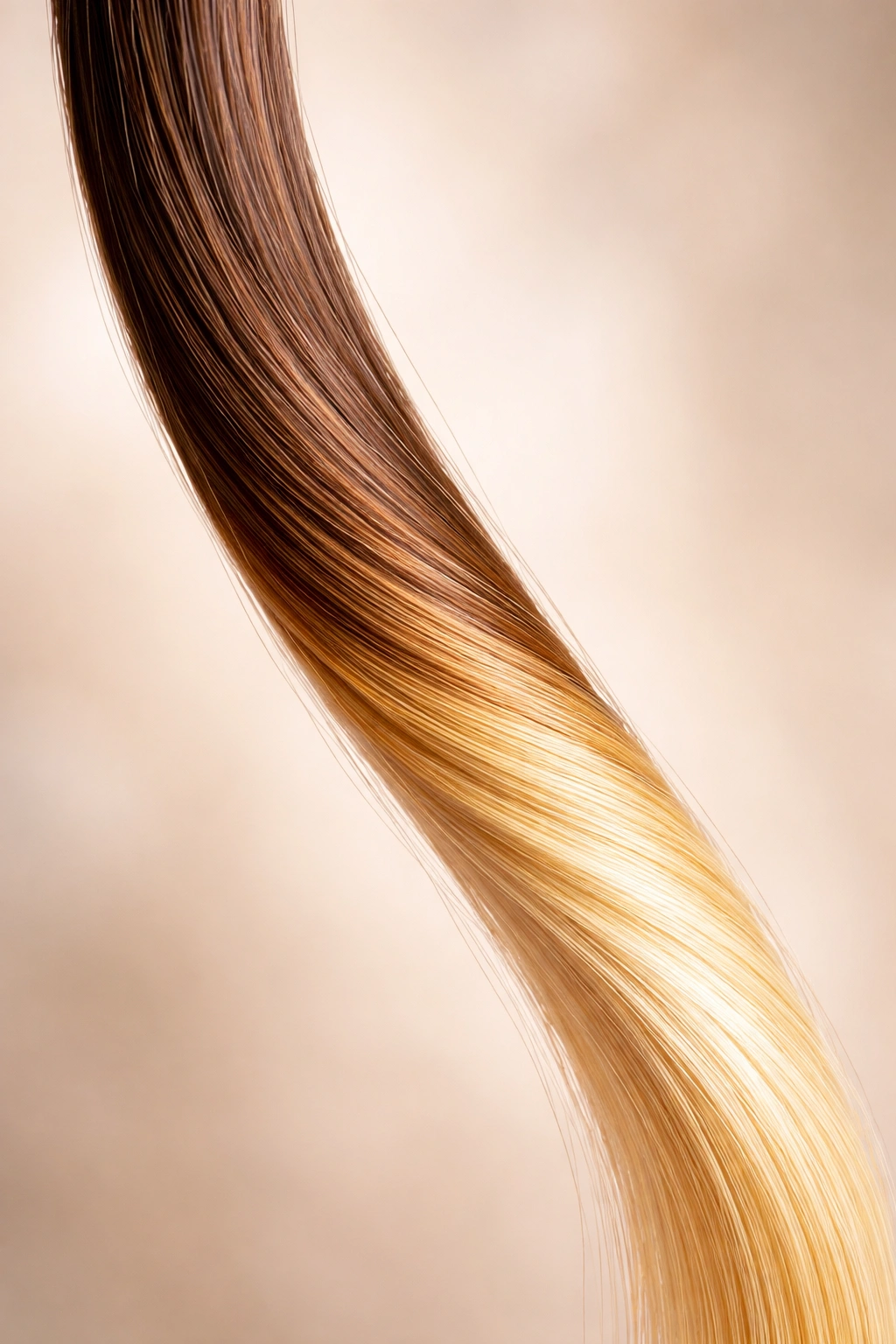 Close-up of a dark hair strand showing gradual lift to pale yellow in a neutral studio