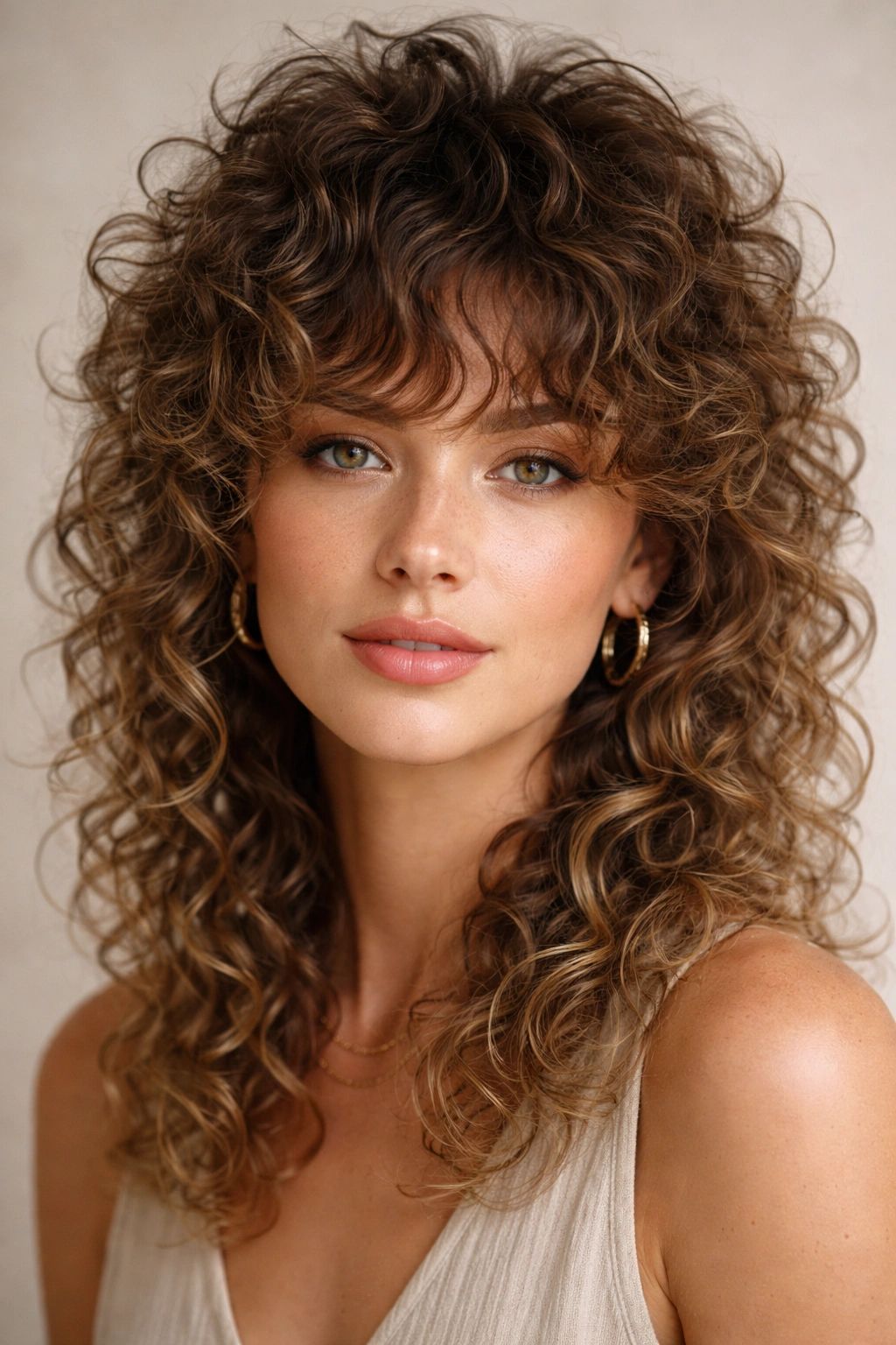 Seamless blended bangs on a curly mullet framing the forehead.
