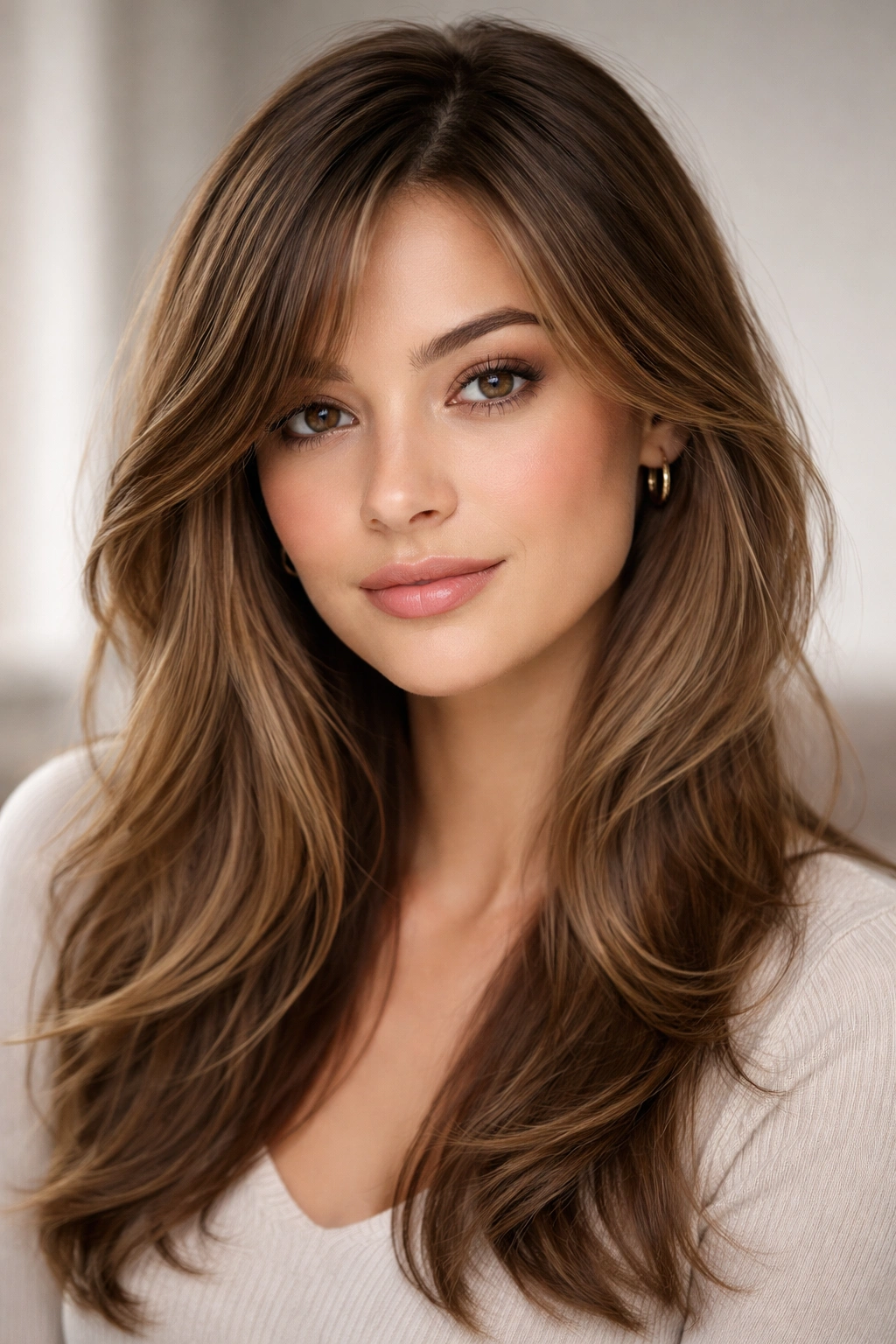 Portrait featuring blended bangs with a natural side part