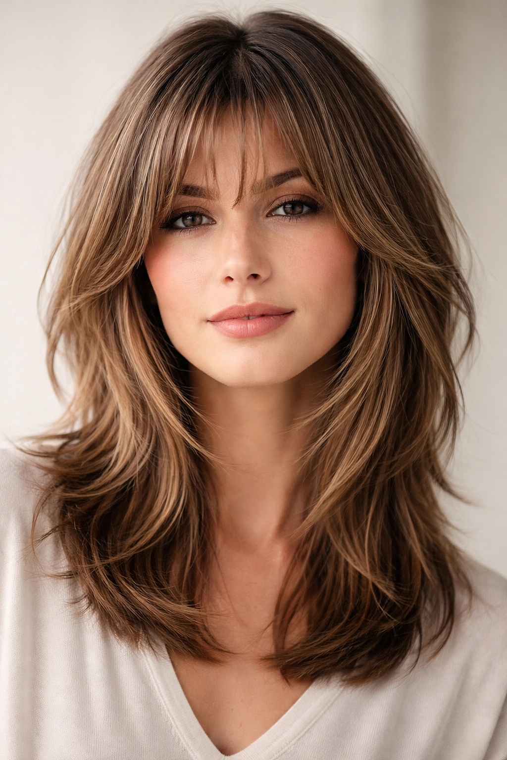 Close-up portrait of a person with blended choppy layers and wispy bangs in a medium-length hairstyle