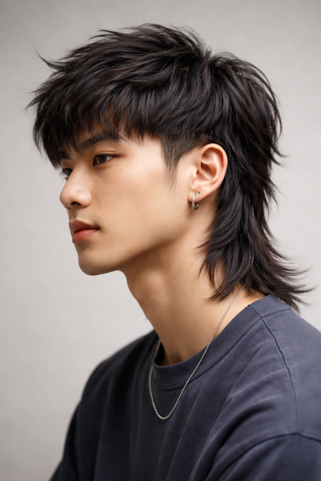 Three-quarter view of a blended modern mullet with soft, layered sides and gradual length increase toward crown