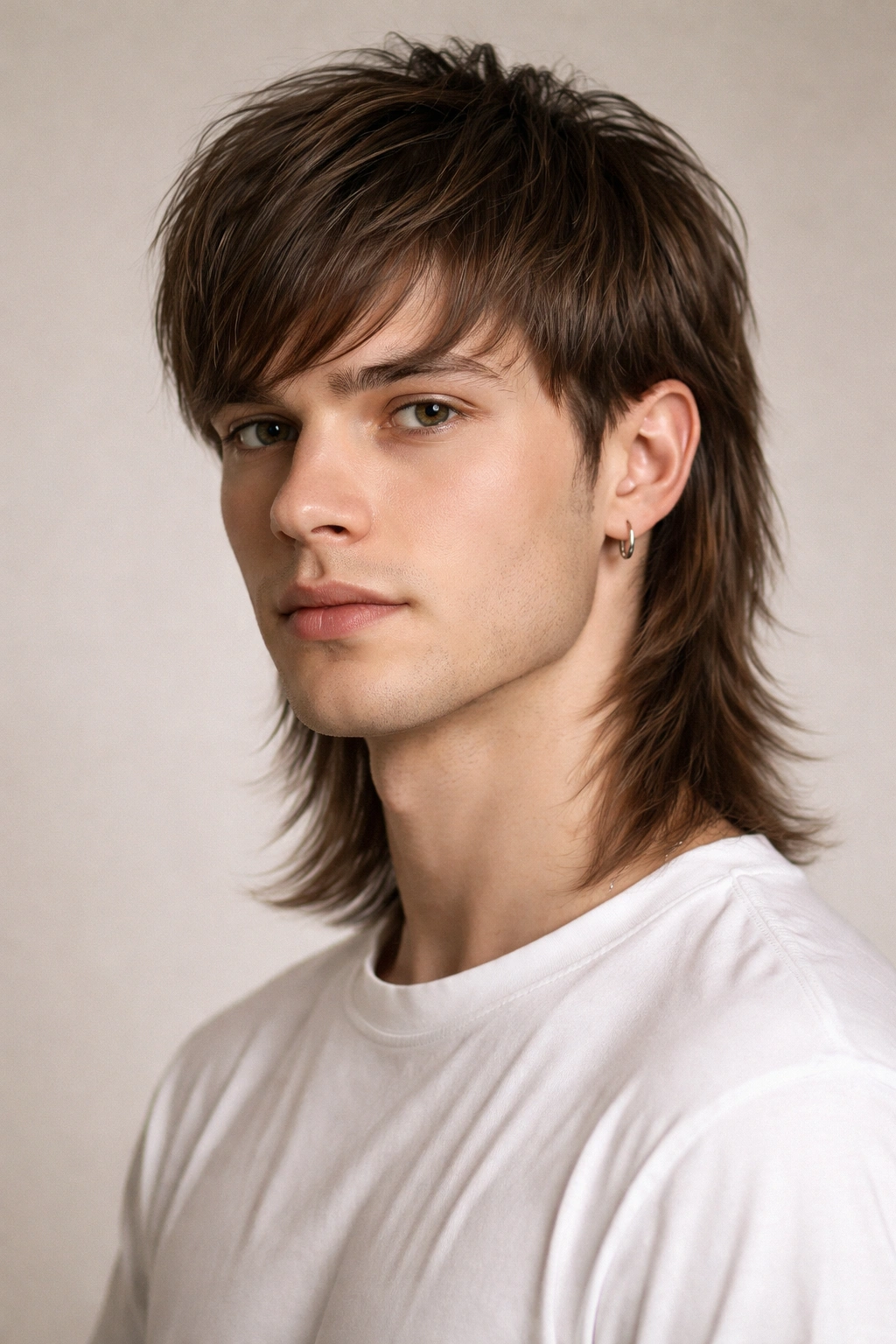 Close-up portrait of a person with a modern blended mullet on straight hair showing blended front and back layers