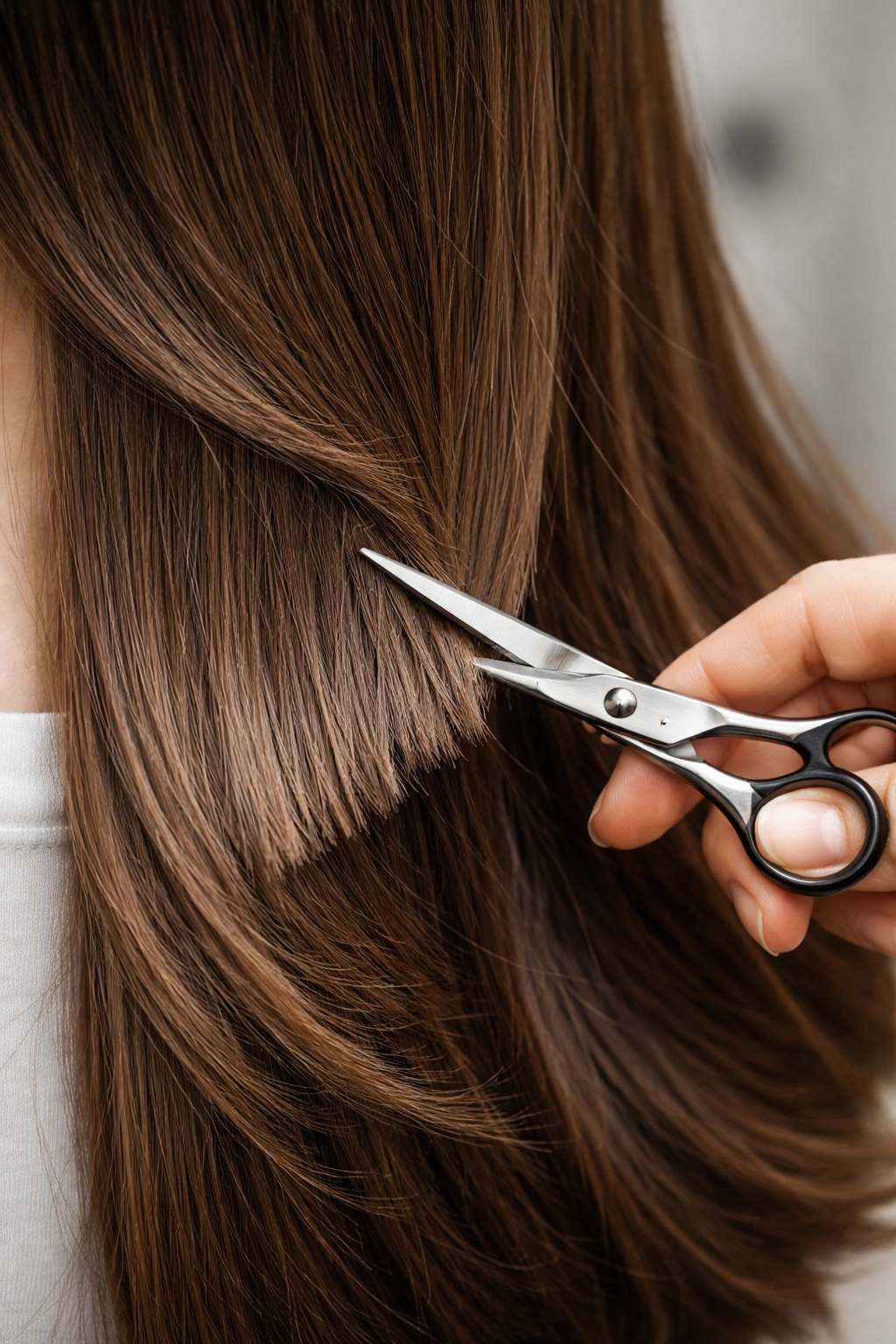 Close-up of scissors making 45-degree vertical snips to blend uneven hair lengths
