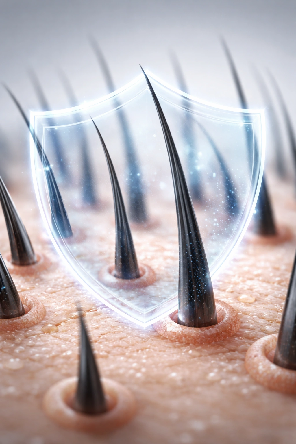 Close-up of scalp showing hair follicles with an abstract shield indicating DHT inhibition